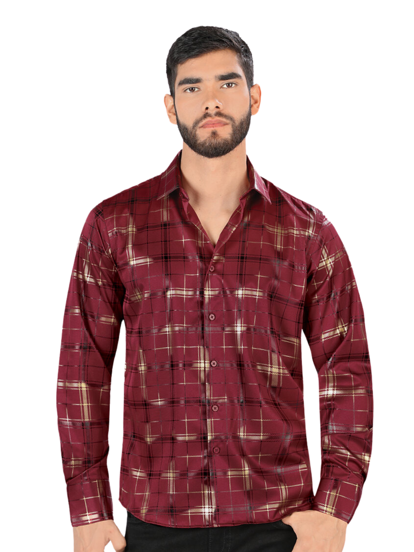 Camisa Casual Manga Larga Estampada para Hombre 'Montero' - ID: 0809 Camisas Estampadas Montero Wine