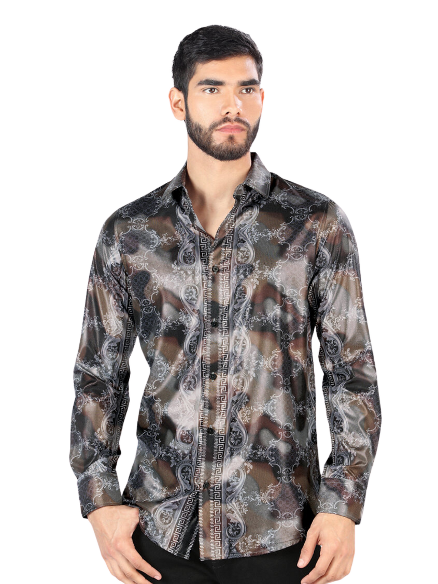 Camisa Casual Manga Larga Estampada para Hombre 'Montero' - ID: 3002 Camisas Estampadas Montero Black