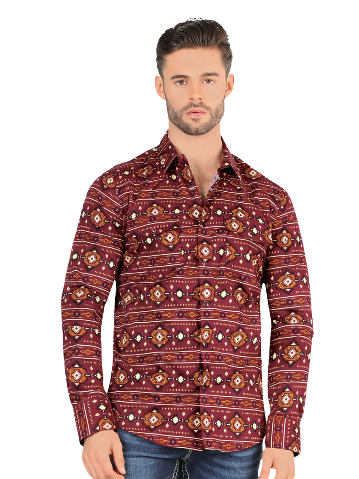 Camisa Casual Manga Larga Estampada para Hombre 'Montero' - ID: 0446 Casual Shirt Montero Burgandy