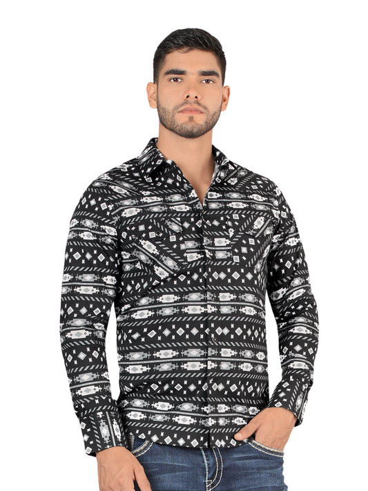 Camisa Casual Manga Larga Estampada para Hombre 'Montero' - ID: 3004 Camisas Estampadas Montero Black