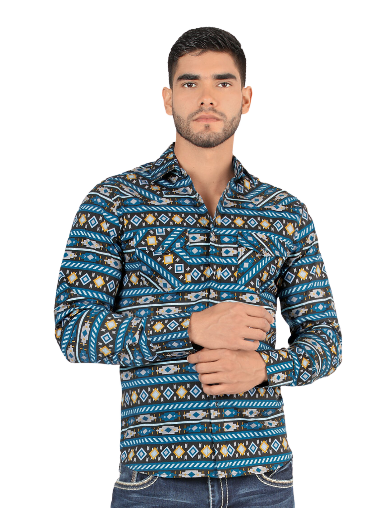 Camisa Casual Manga Larga Estampada para Hombre 'Montero' - ID: 3004 Camisas Estampadas Montero Teal