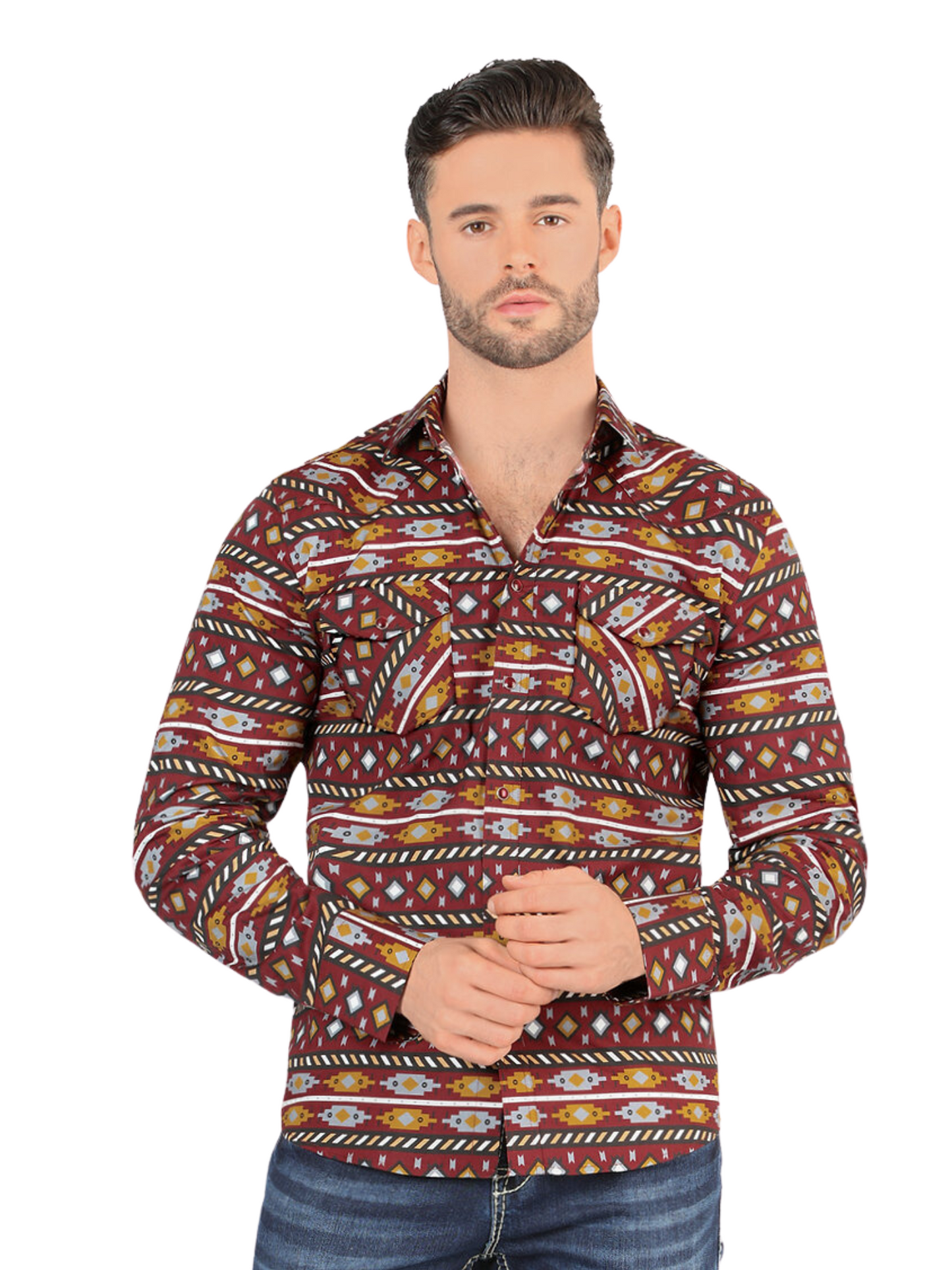 Camisa Casual Manga Larga Estampada para Hombre 'Montero' - ID: 3004 Camisas Estampadas Montero Wine