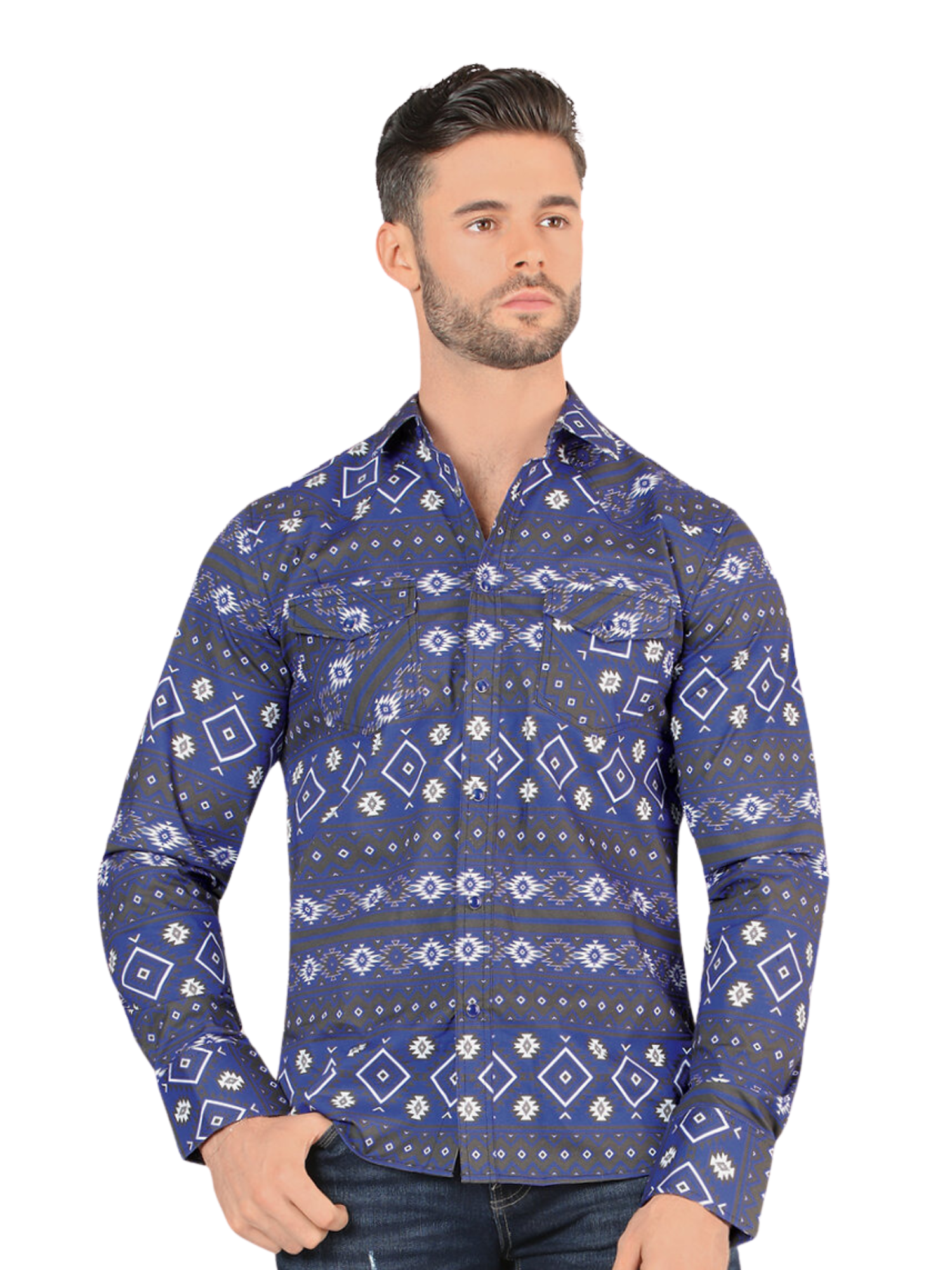 Camisa Casual Manga Larga Estampada para Hombre 'Montero' - ID: 3005 Camisas Estampadas Montero Blue