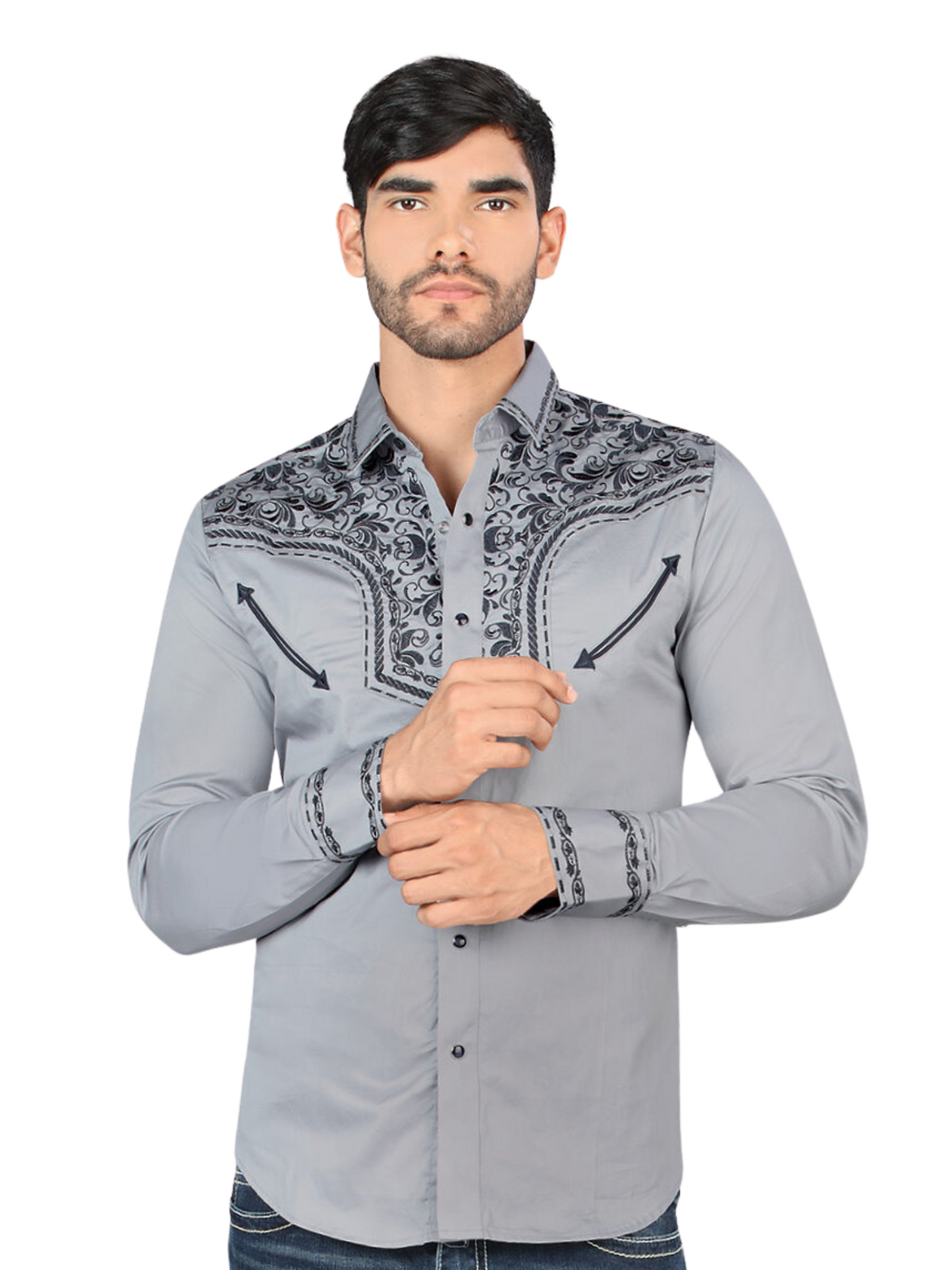 Camisa Vaquera Bordada Manga Larga para Hombre 'Montero' - ID: 3544 Camisas Bordadas Montero Gray