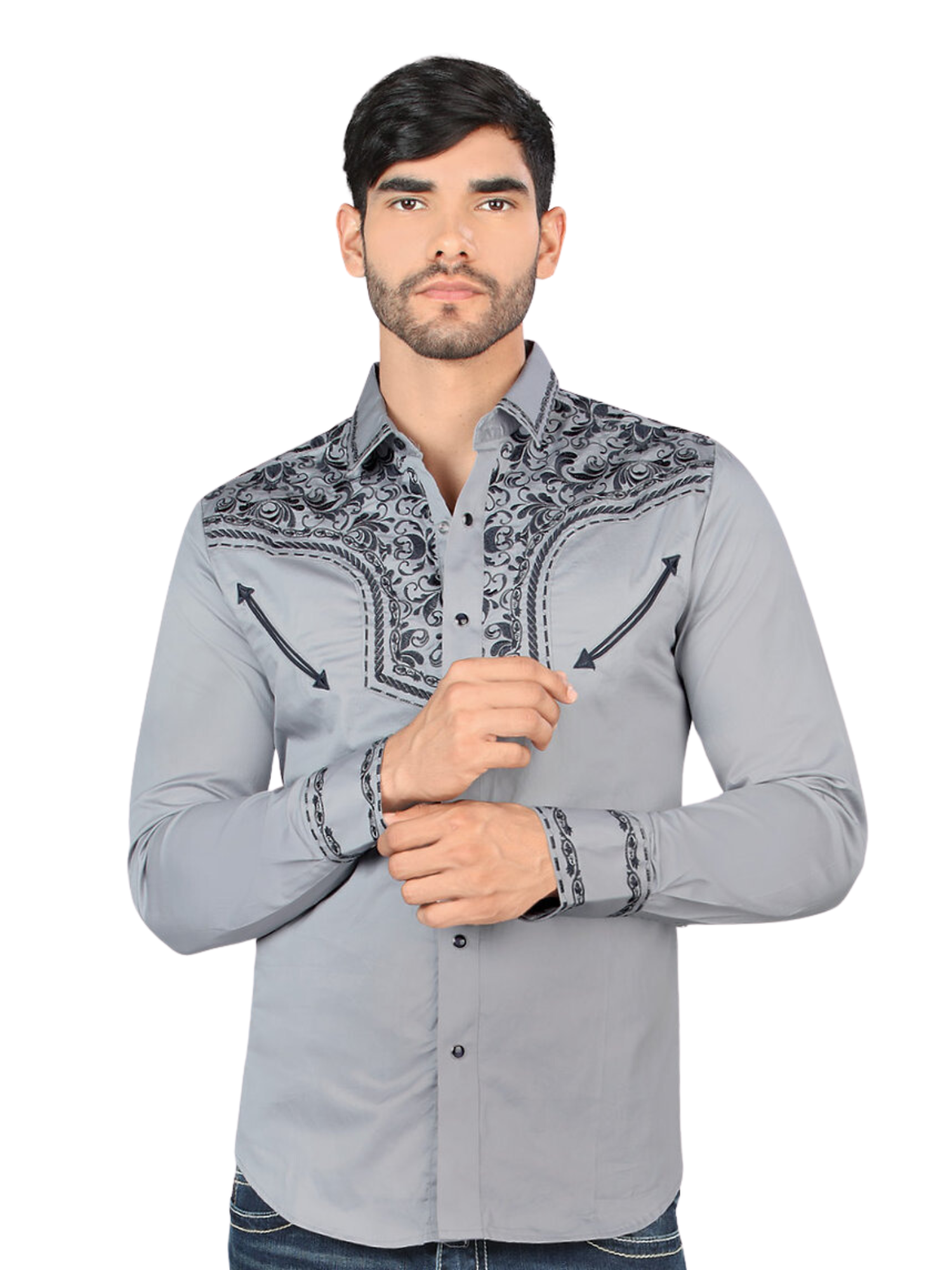 Camisa Vaquera Bordada Manga Larga para Hombre 'Montero' - ID: 3544 Camisas Bordadas Montero Gray