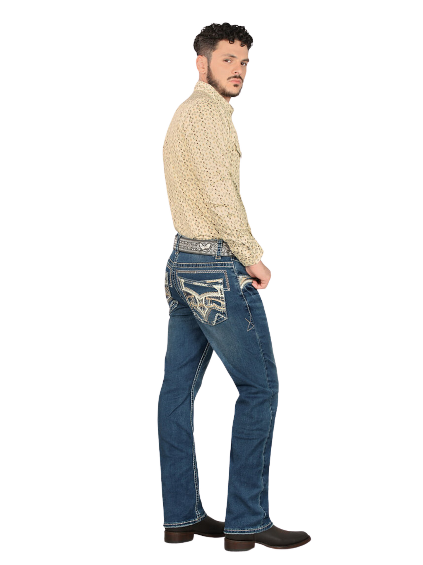 Pantalon Vaquero de Mezclilla Bordado Stretch Boot Cut para Hombre 'Montero' - ID: 4618 Pantalones de Vaquero Montero 