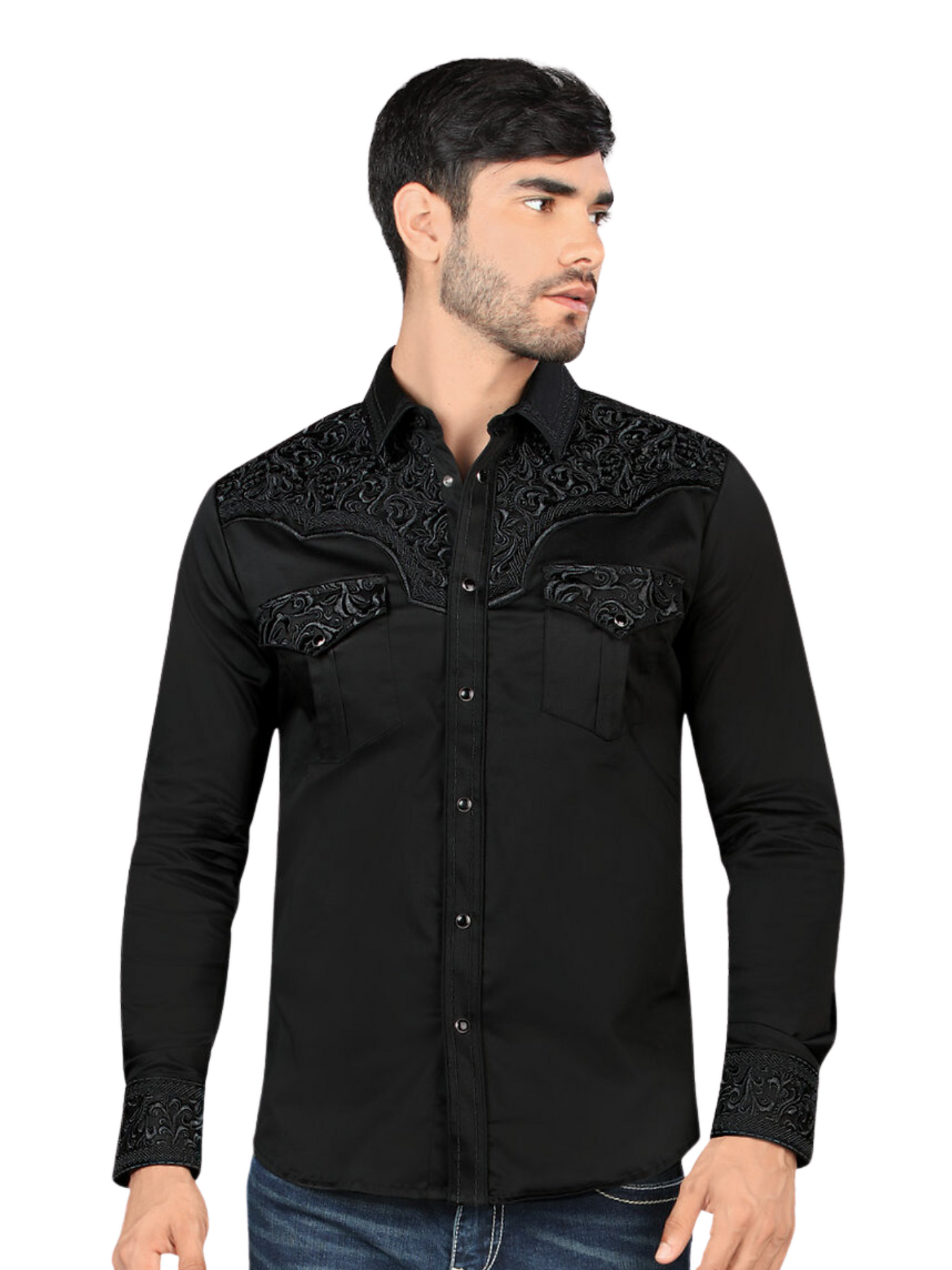 Men's Long Sleeve Embroidered Denim Shirt 'Montero' - ID: 3545