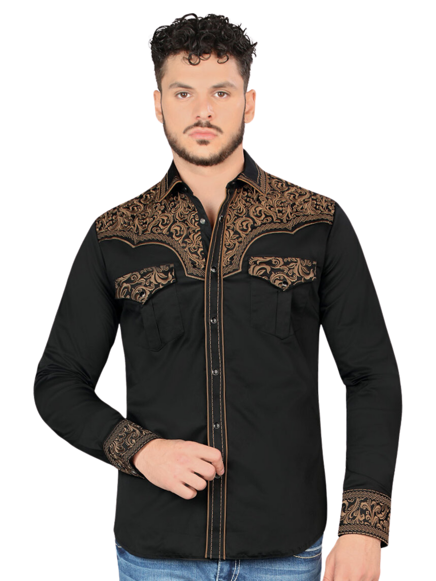 Men's Long Sleeve Embroidered Denim Shirt 'Montero' - ID: 3545