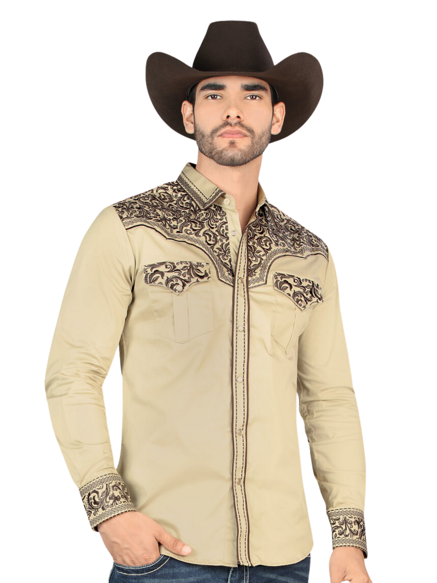 Camisa Vaquera Bordada Manga Larga para Hombre 'Montero' - ID: 3545 Camisas Bordadas Montero Beige