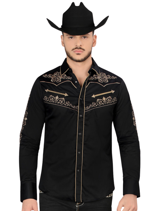 Camisa Vaquera Bordada Manga Larga para Hombre 'Montero' - ID: 3547 Camisas Bordadas Montero Black/Khaki