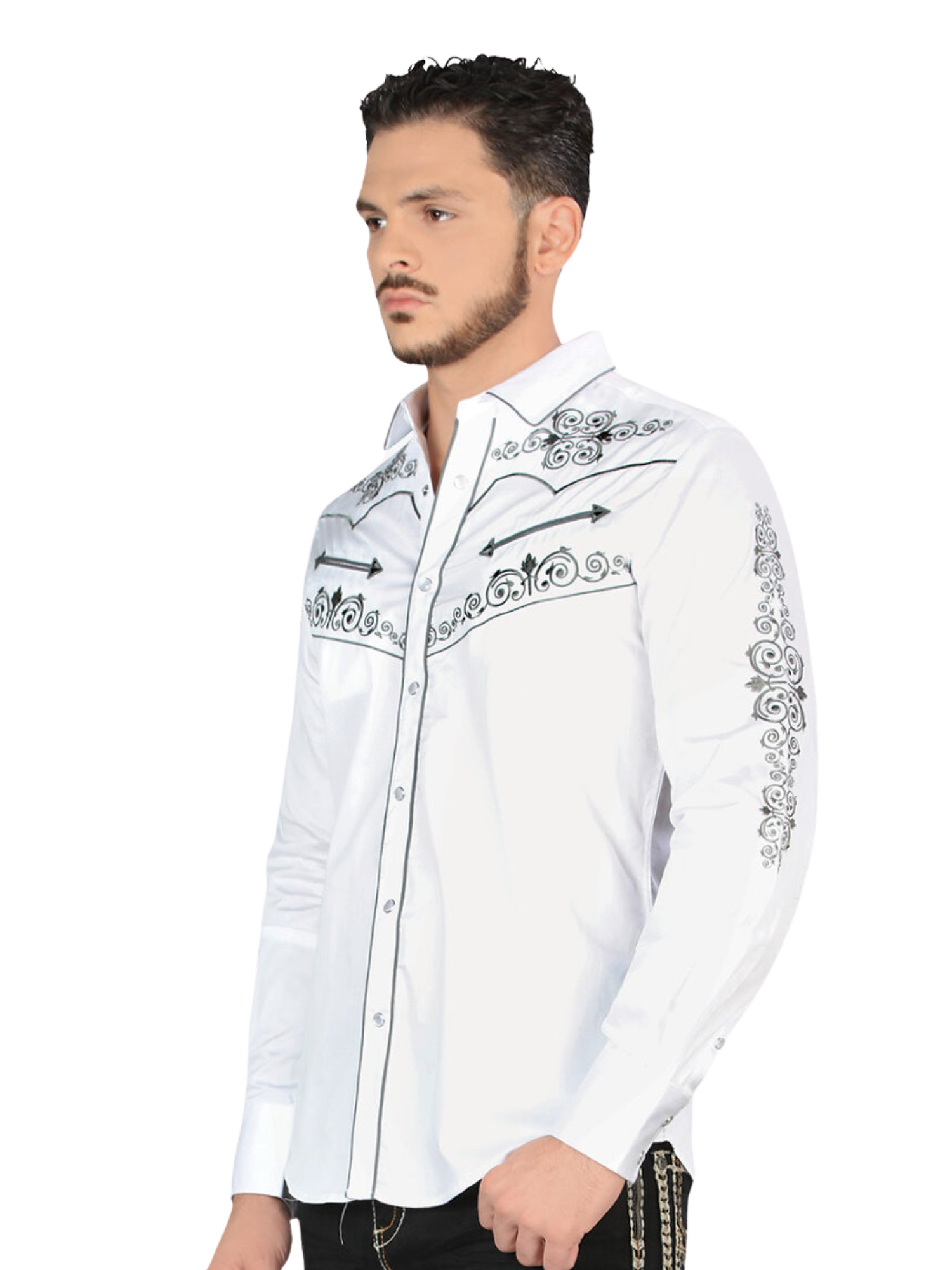 Camisa Vaquera Bordada Manga Larga para Hombre 'Montero' - ID: 3547 Camisas Bordadas Montero White