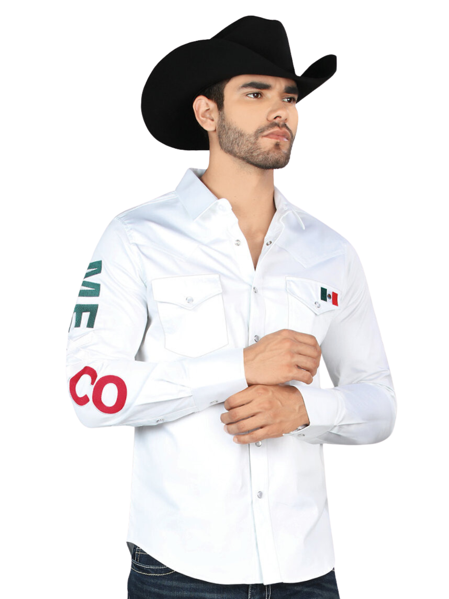 Camisa Vaquera Mexico Manga Larga de Broches para Hombre 'Montero' - ID: 0459 Camisas de Broches Montero White