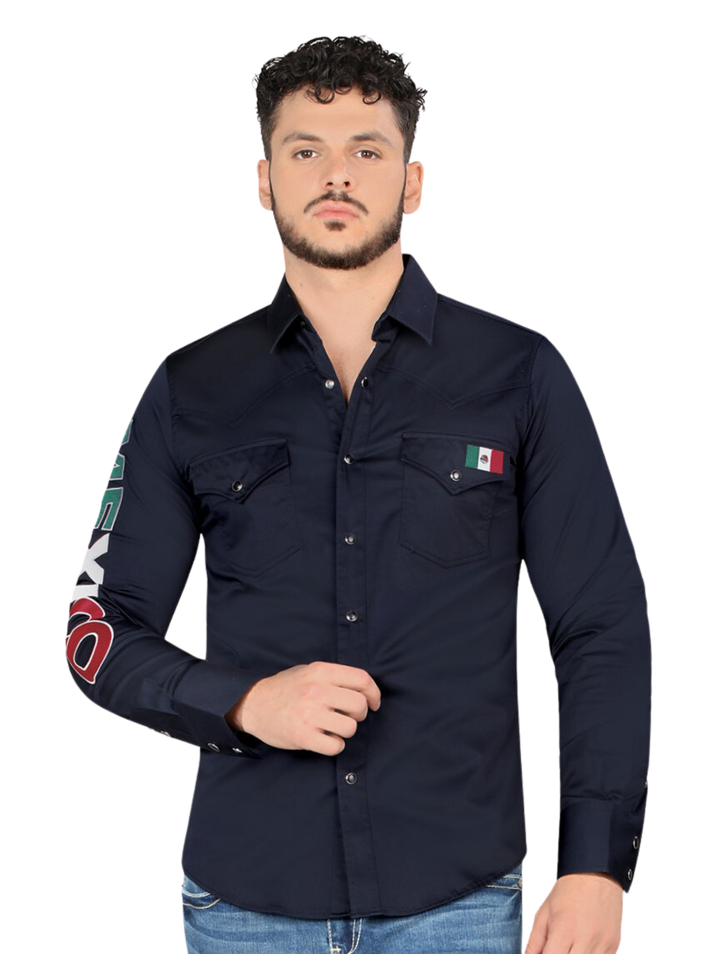 Camisa Vaquera Mexico Manga Larga de Broches para Hombre 'Montero' - ID: 0459 Camisas de Broches Montero Navy