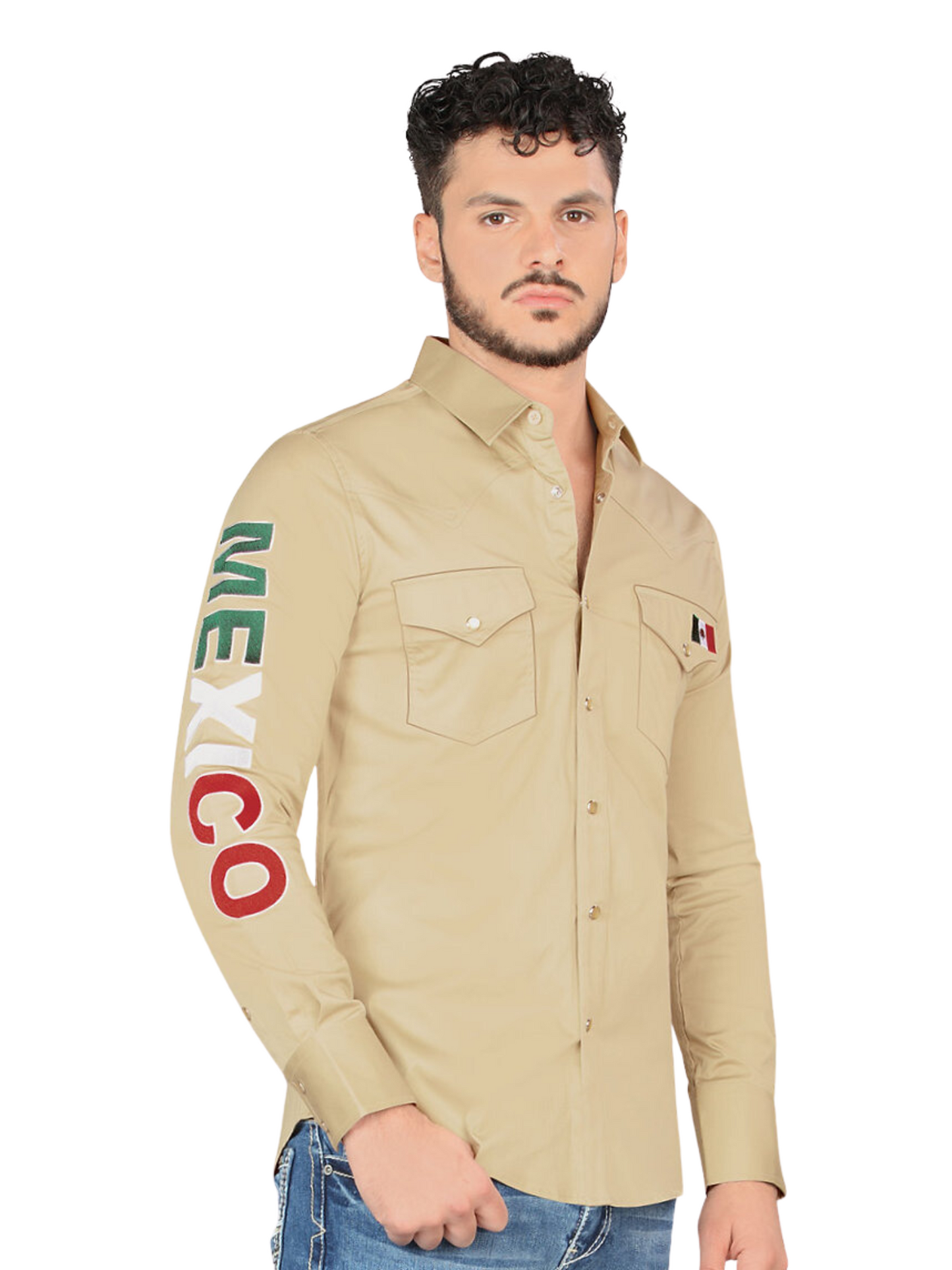 Camisa Vaquera Mexico Manga Larga de Broches para Hombre 'Montero' - ID: 0459 Camisas de Broches Montero Beige