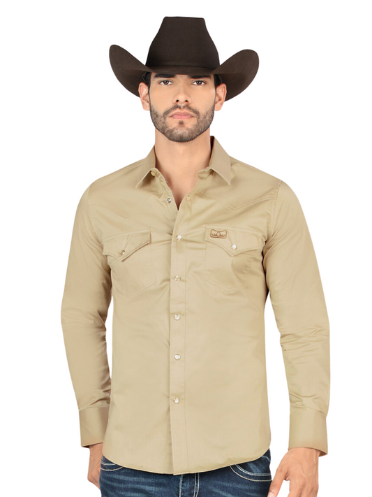 Camisa Vaquera Manga Larga de Bolsillos con Broches para Hombre 'Montero' - ID: 0460 Camisas de Bolsillos Montero Beige