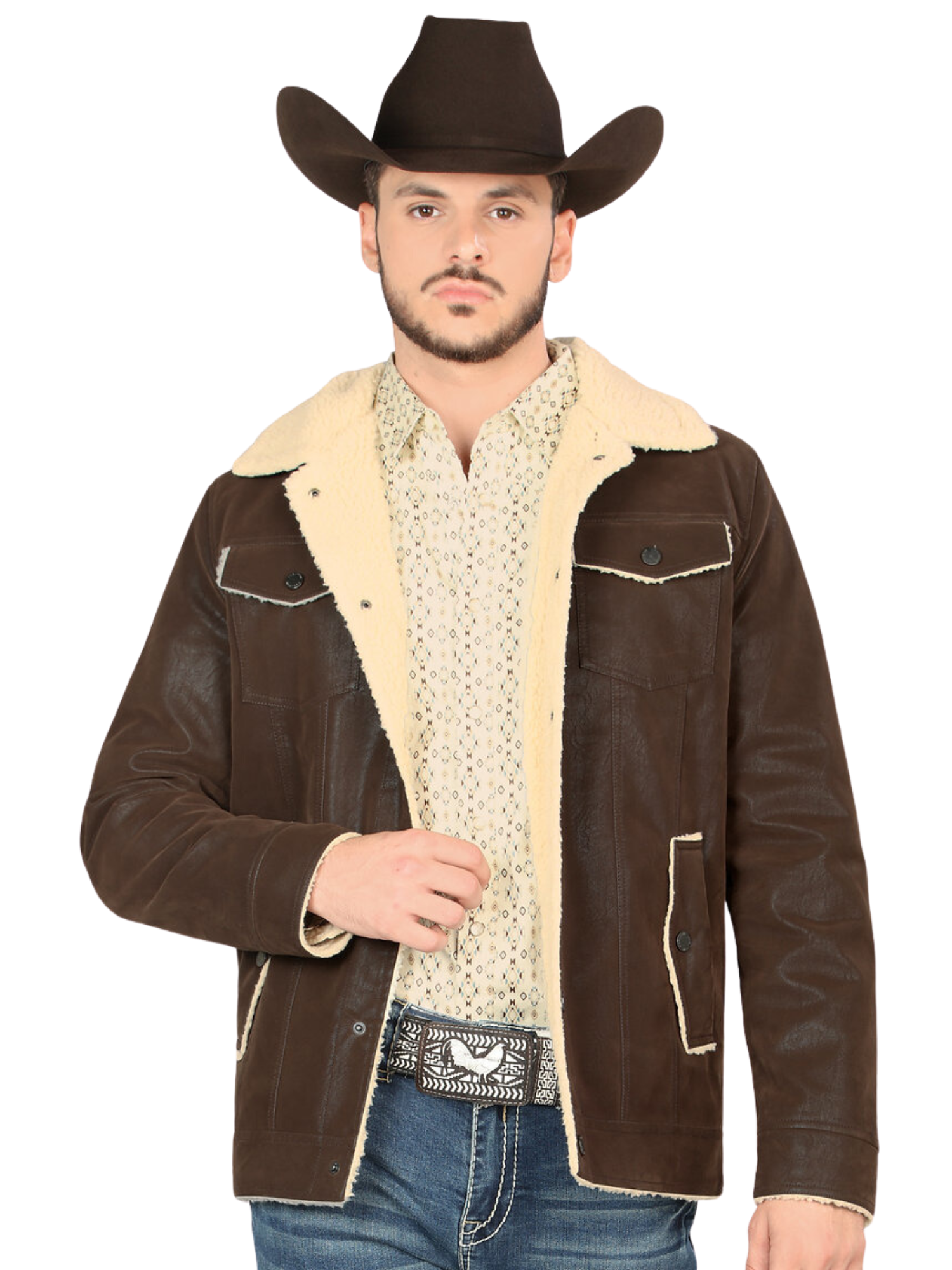 Chamarra Vaquera Termica de Forro Afelpado (Tipo Borrego) con Broches para Hombre 'Montero' - ID: 0892 Chamarras Termicas Montero Brown