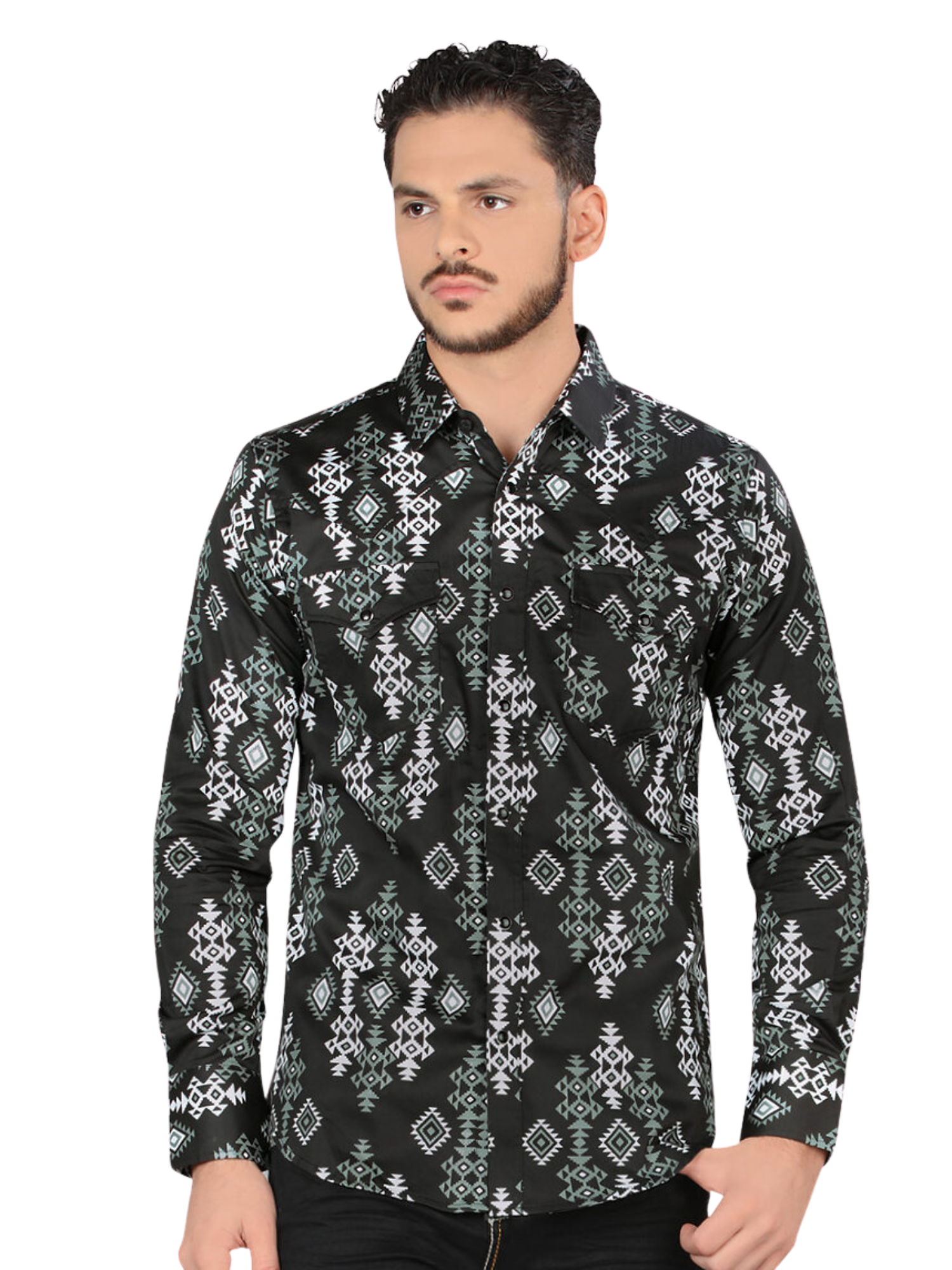 Camisa Casual Manga Larga Estampada para Hombre 'Montero' - ID: 4008 Camisas Estampadas Montero Black