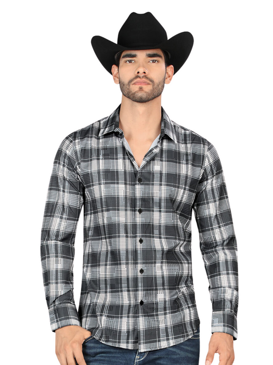 Men's Long Sleeve Checkered Printed Denim Shirt 'Montero' - ID: 4010