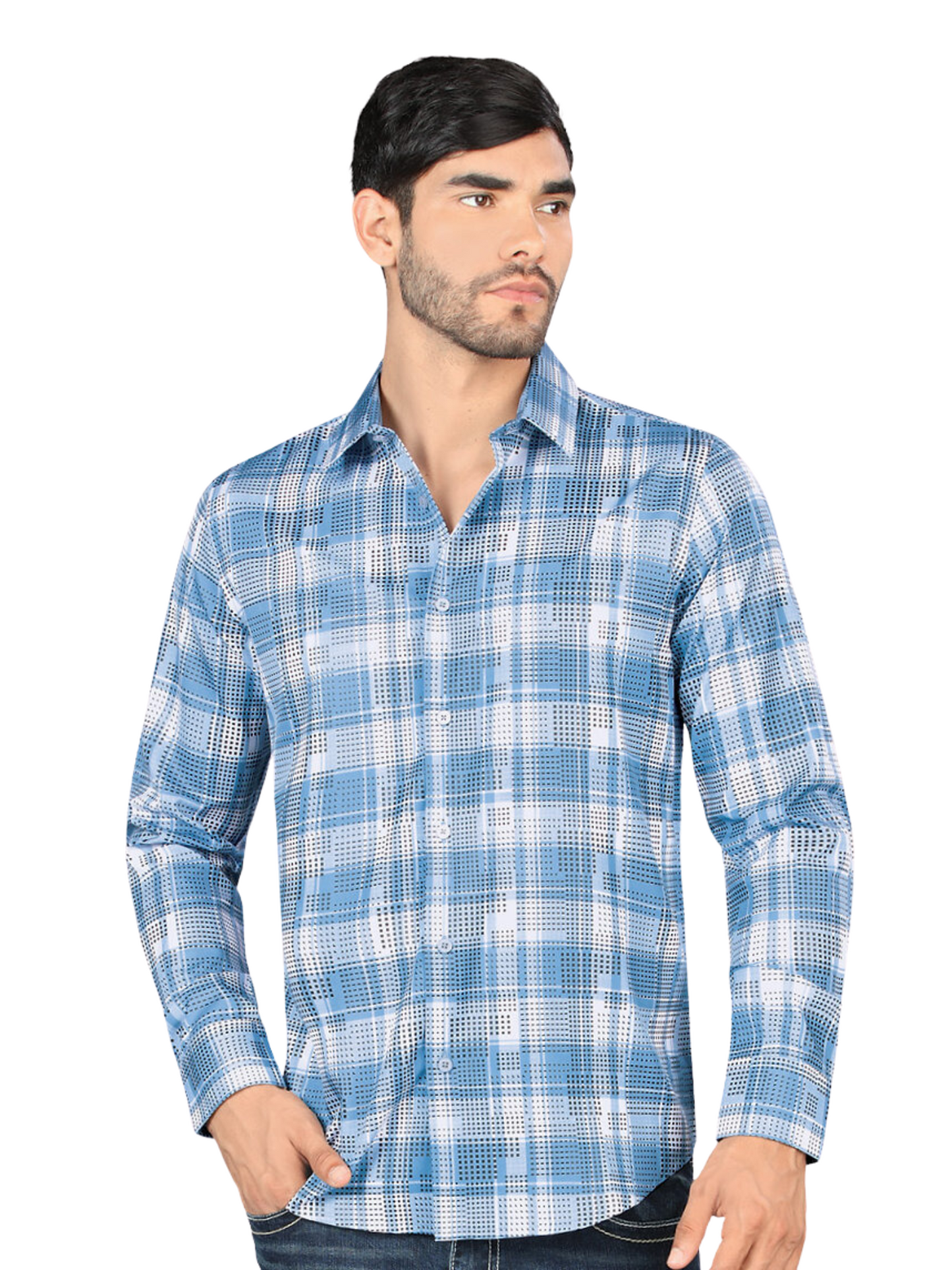 Men's Long Sleeve Checkered Printed Denim Shirt 'Montero' - ID: 4010