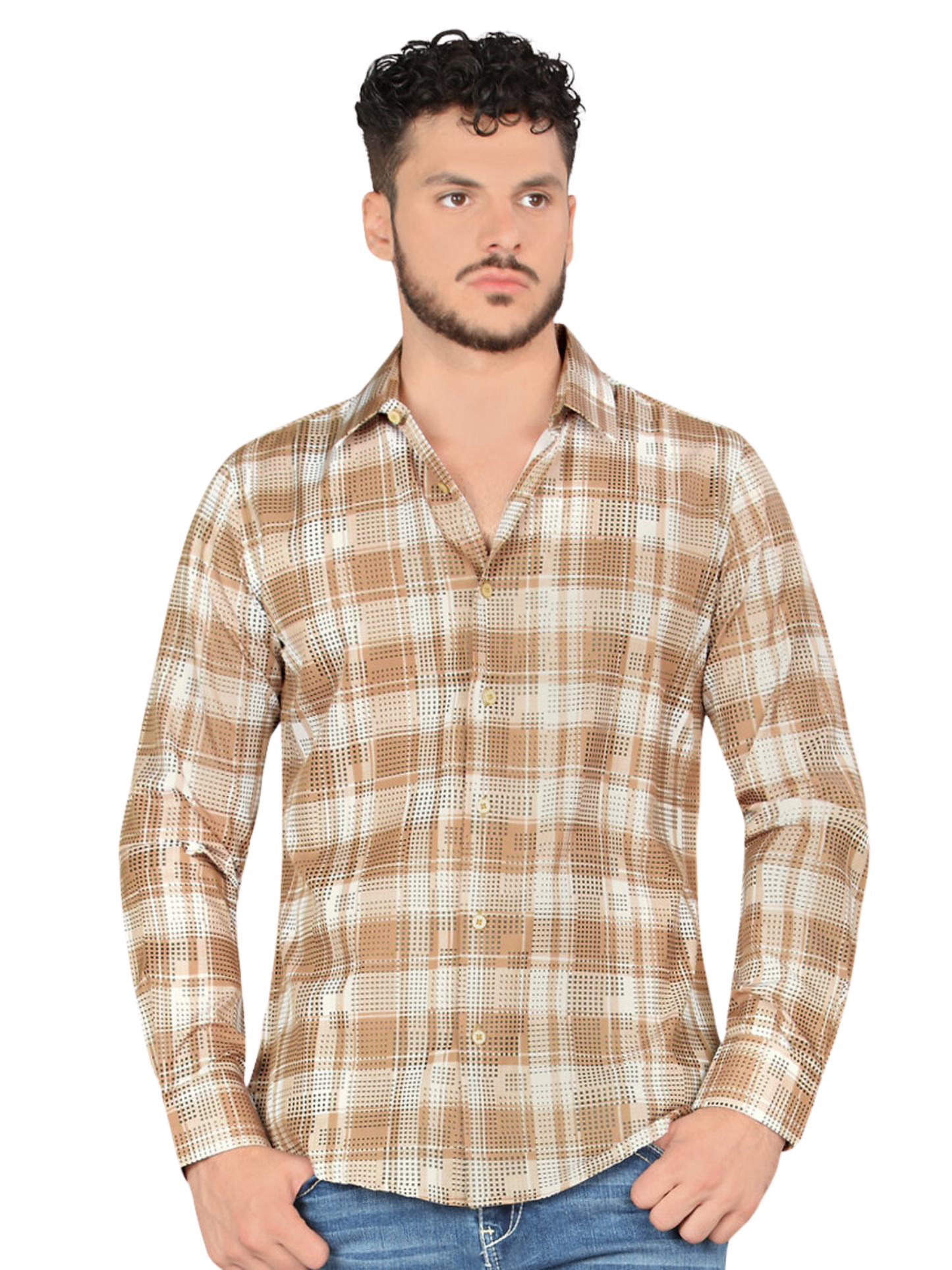 Men's Long Sleeve Checkered Printed Denim Shirt 'Montero' - ID: 4010