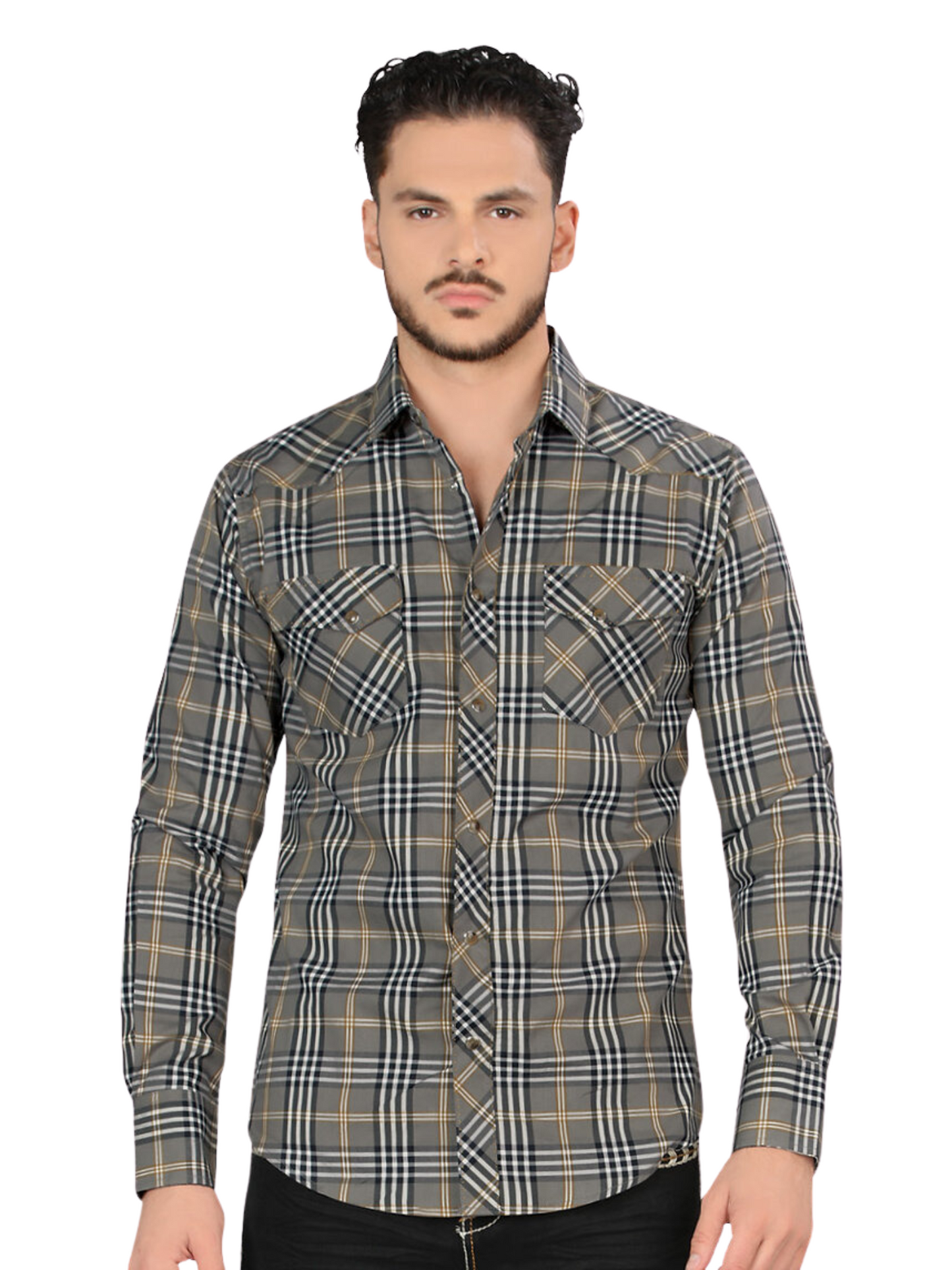 Men's Long Sleeve Checkered Denim Shirt 'Montero' - ID: 4013