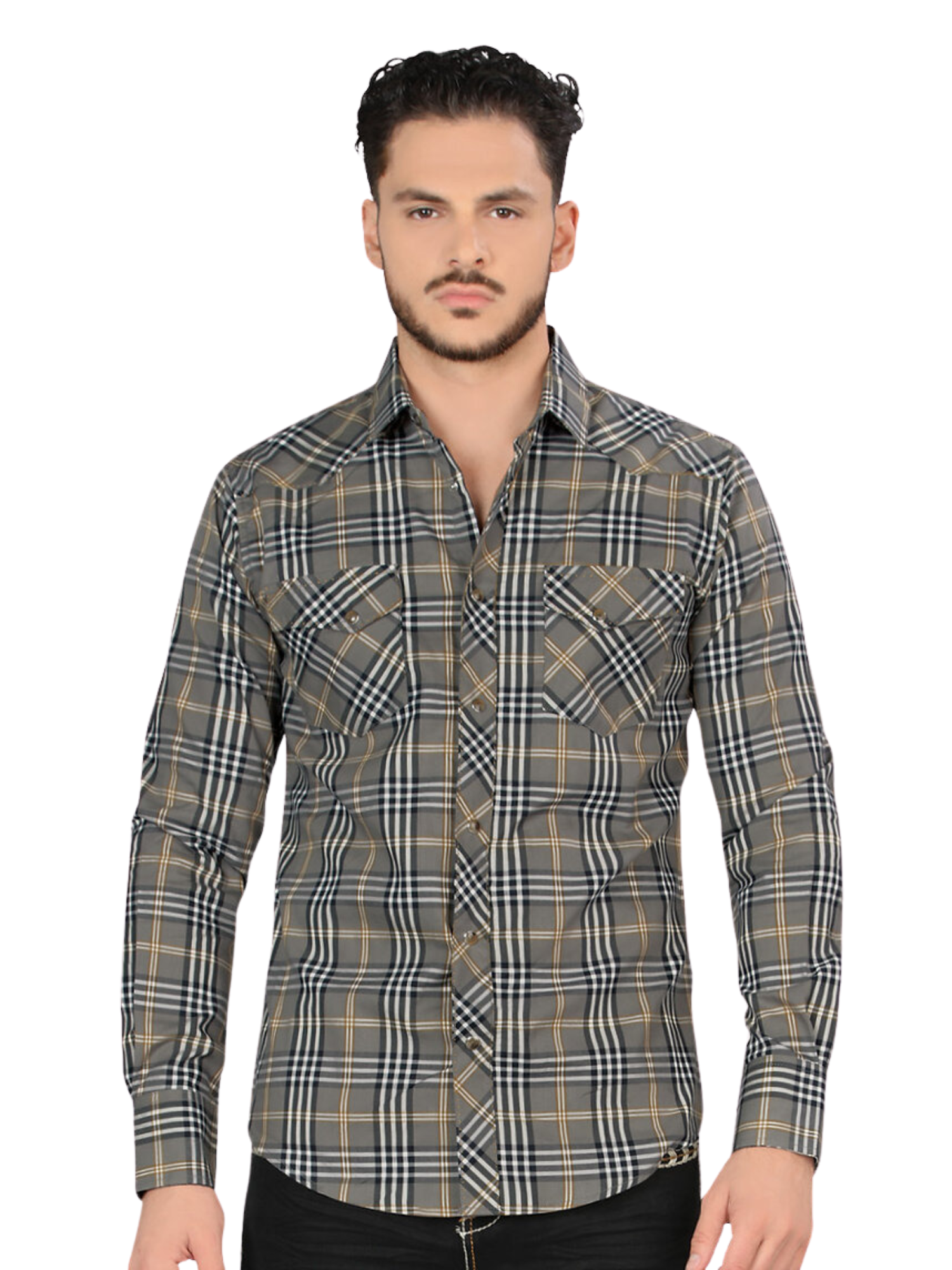 Camisa Vaquera Manga Larga Estampada Cuadros para Hombre 'Montero' - ID: 4013 Camisas de Cuadros Montero Gray