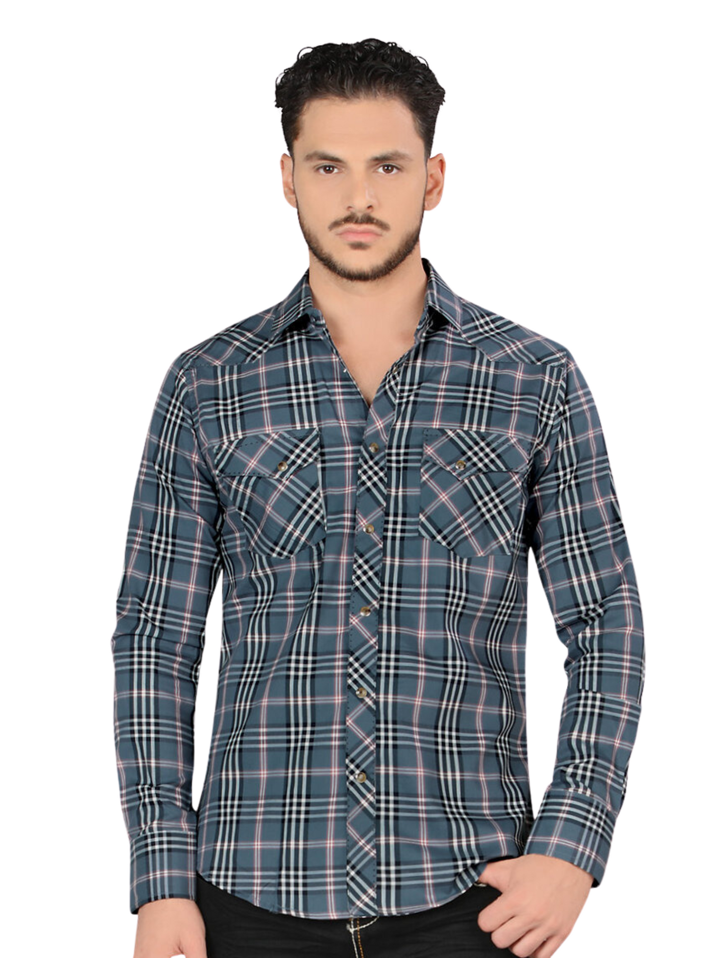 Men's Long Sleeve Checkered Denim Shirt 'Montero' - ID: 4013