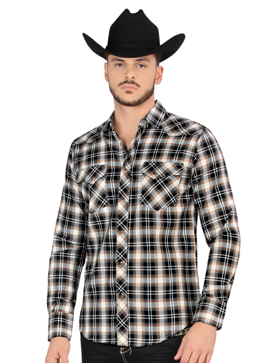 Men's Long Sleeve Checkered Denim Shirt 'Montero' - ID: 4013