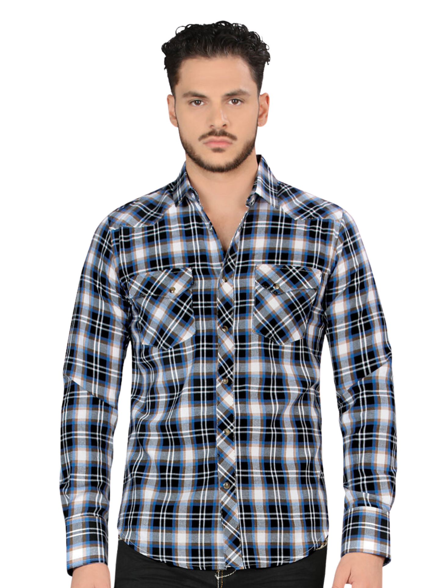 Men's Long Sleeve Checkered Denim Shirt 'Montero' - ID: 4013