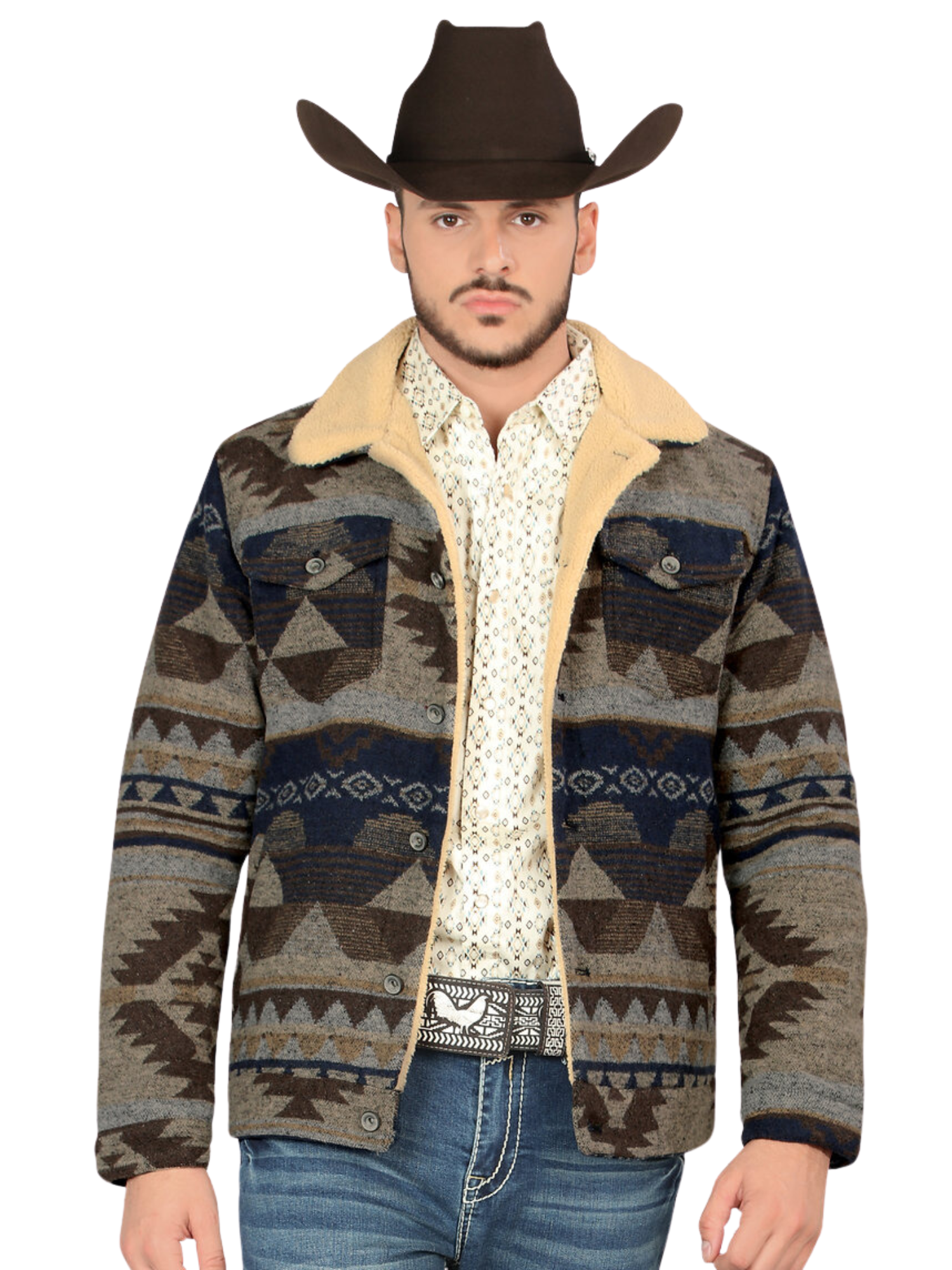 Chamarra Casual Termica de Forro Afelpado (Tipo Borrego) Estampada Aztec para Hombre 'Montero' - ID: 0898 Chamarras Termicas Montero Brown