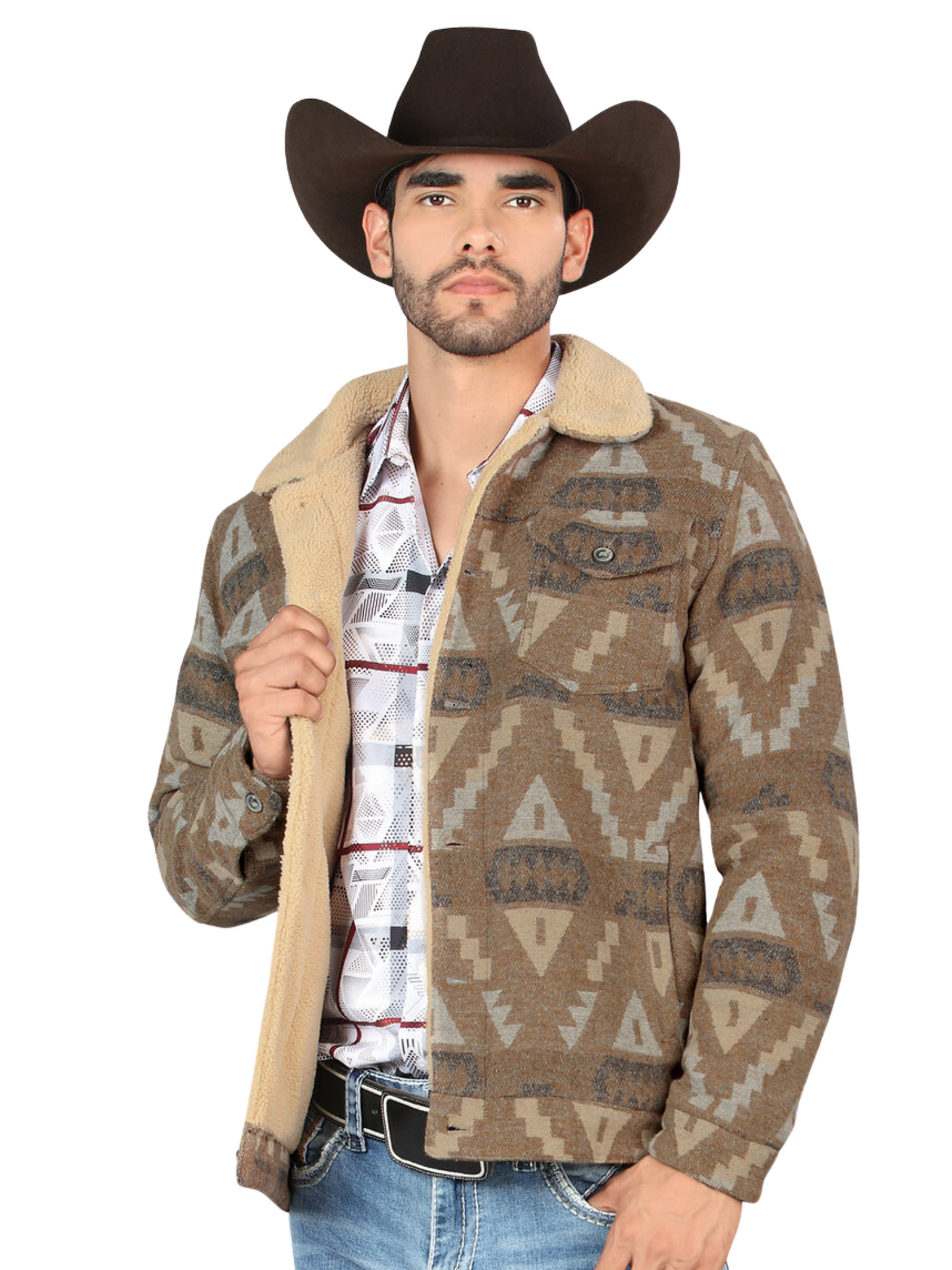 Chamarra Casual Termica de Forro Afelpado (Tipo Borrego) Estampada Aztec para Hombre 'Montero' - ID: 0898 Chamarras Termicas Montero Beige