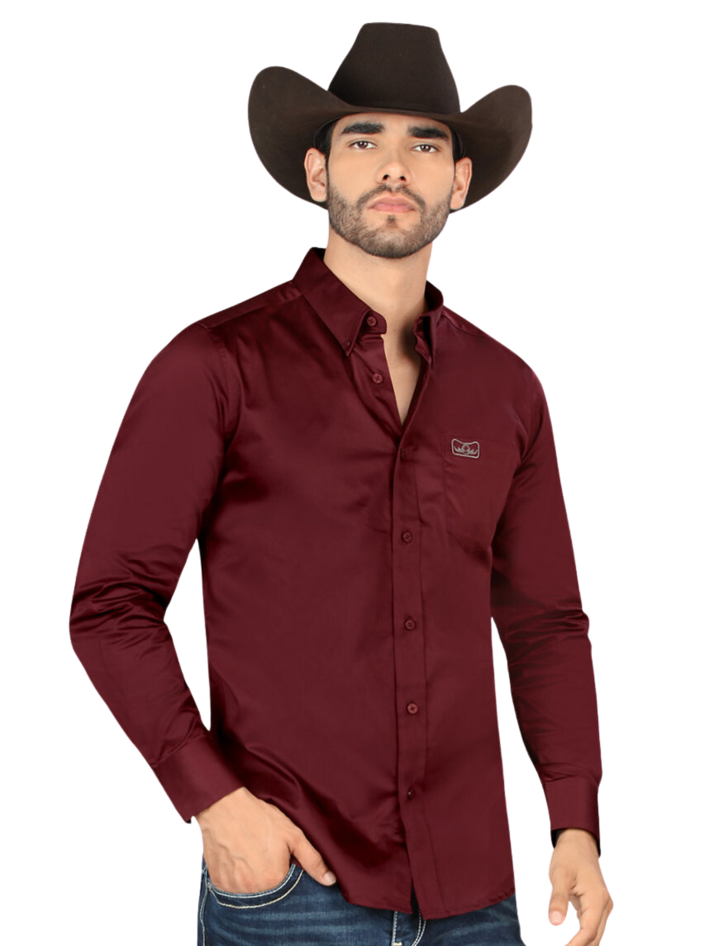 Camisa Casual Lisa Manga Larga para Hombre 'Montero' - ID: 0463 Camisas Lisas Montero Wine