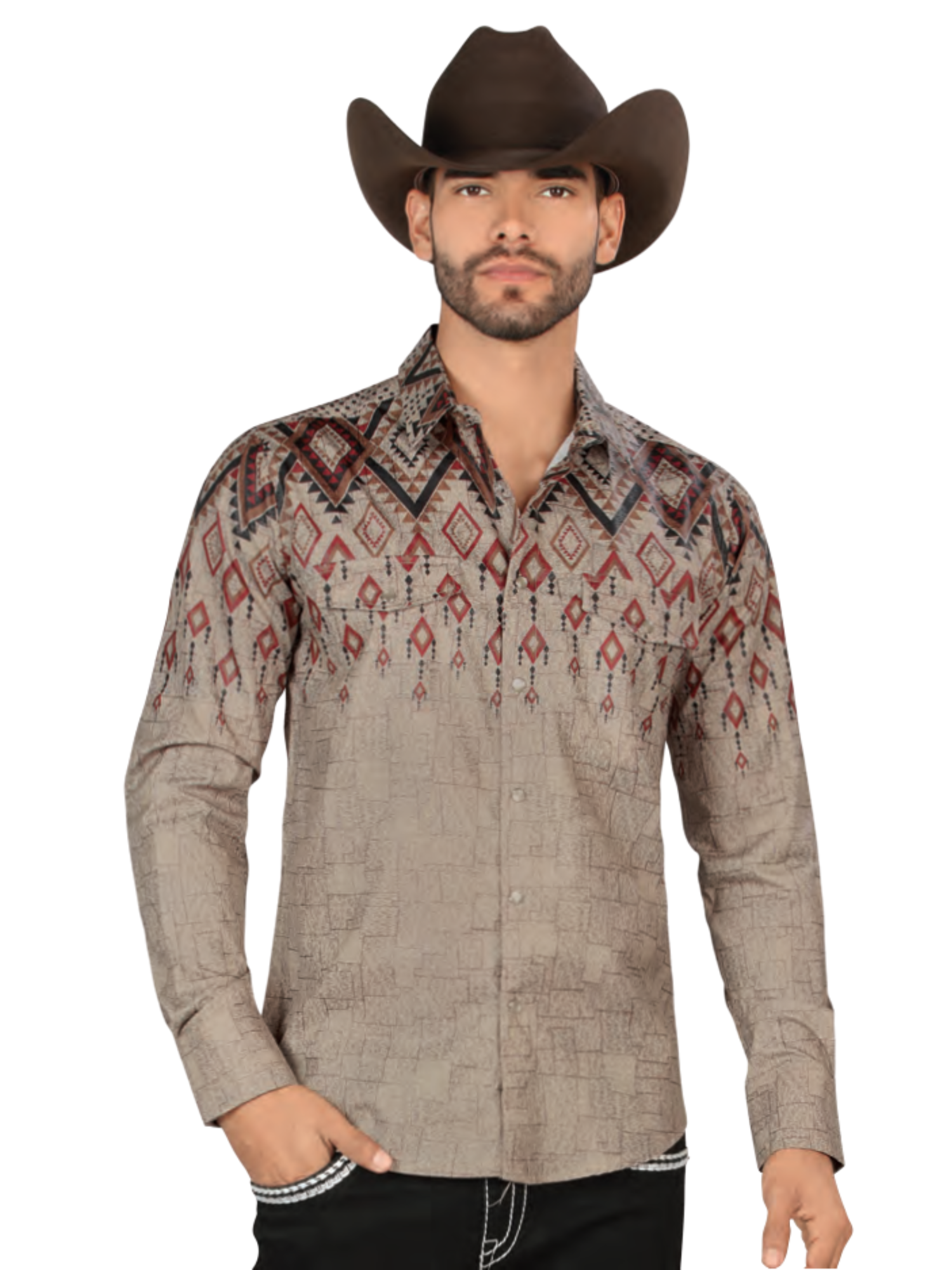 Camisa Vaquera Manga Larga Estampada para Hombre 'Montero' - ID: 4015 Camisas Estampadas Montero Beige