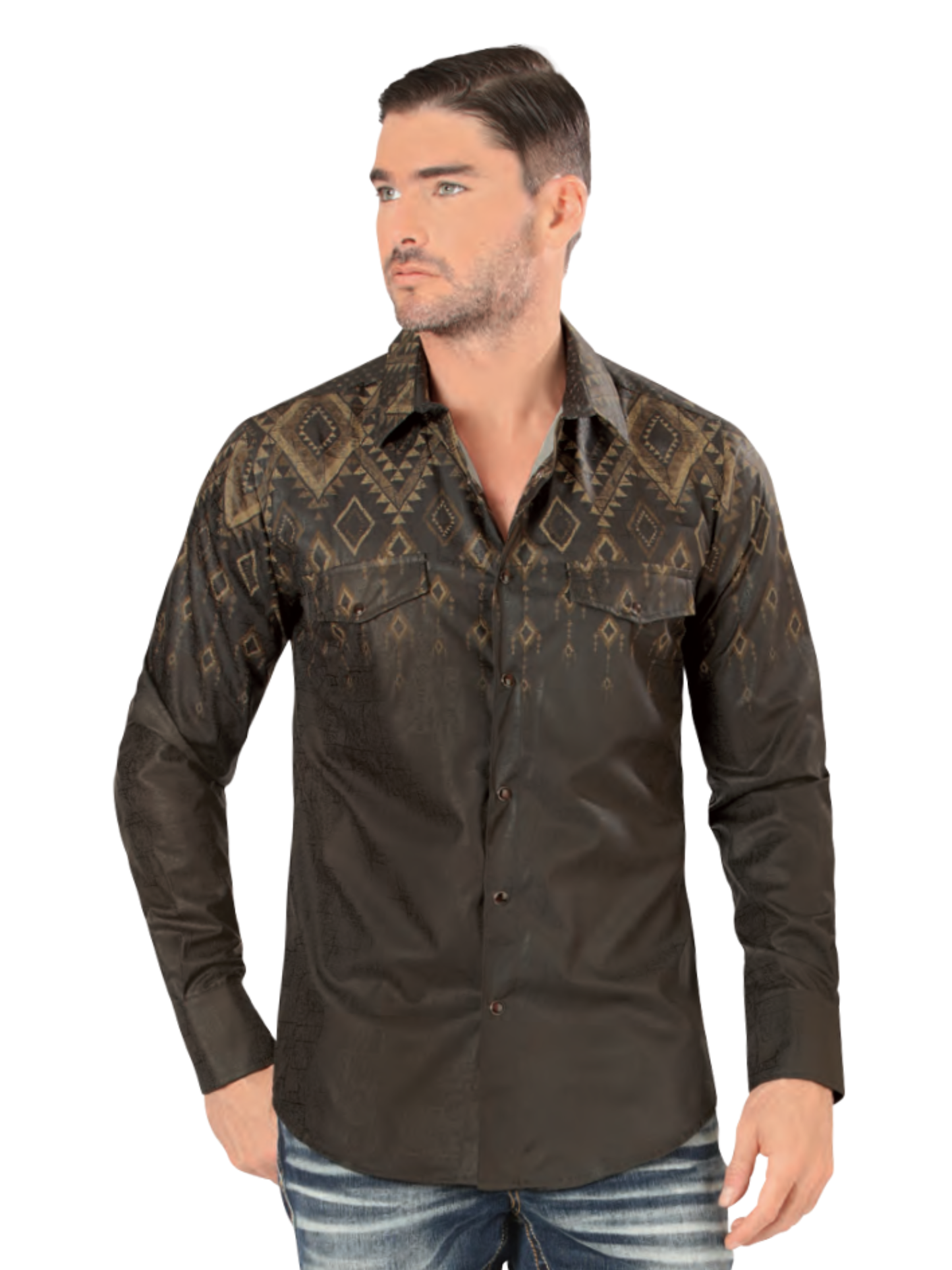 Camisa Vaquera Manga Larga Estampada para Hombre 'Montero' - ID: 4015 Camisas Estampadas Montero Brown