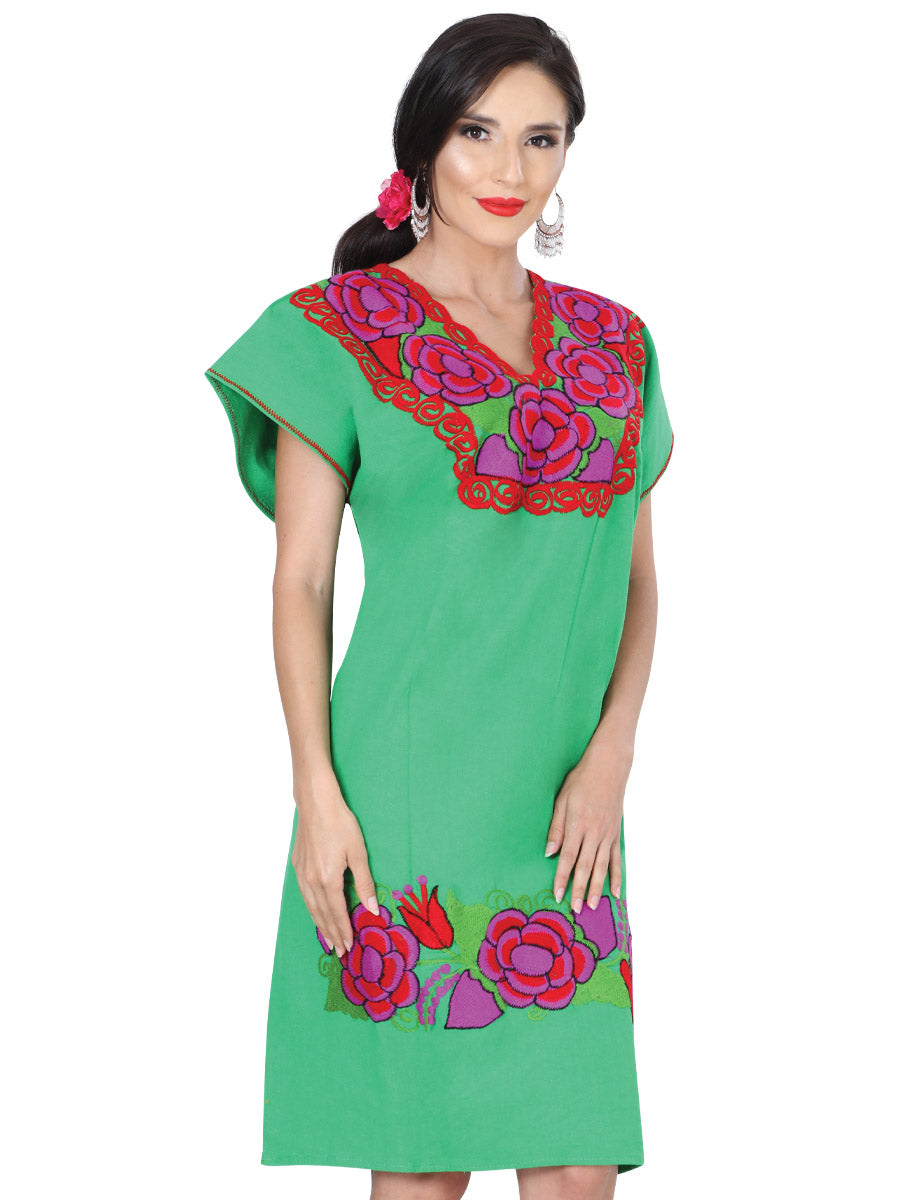 Vestido Artesanal Bordado de Flores para Mujer Handmade Dress Mexico Artesanal Green