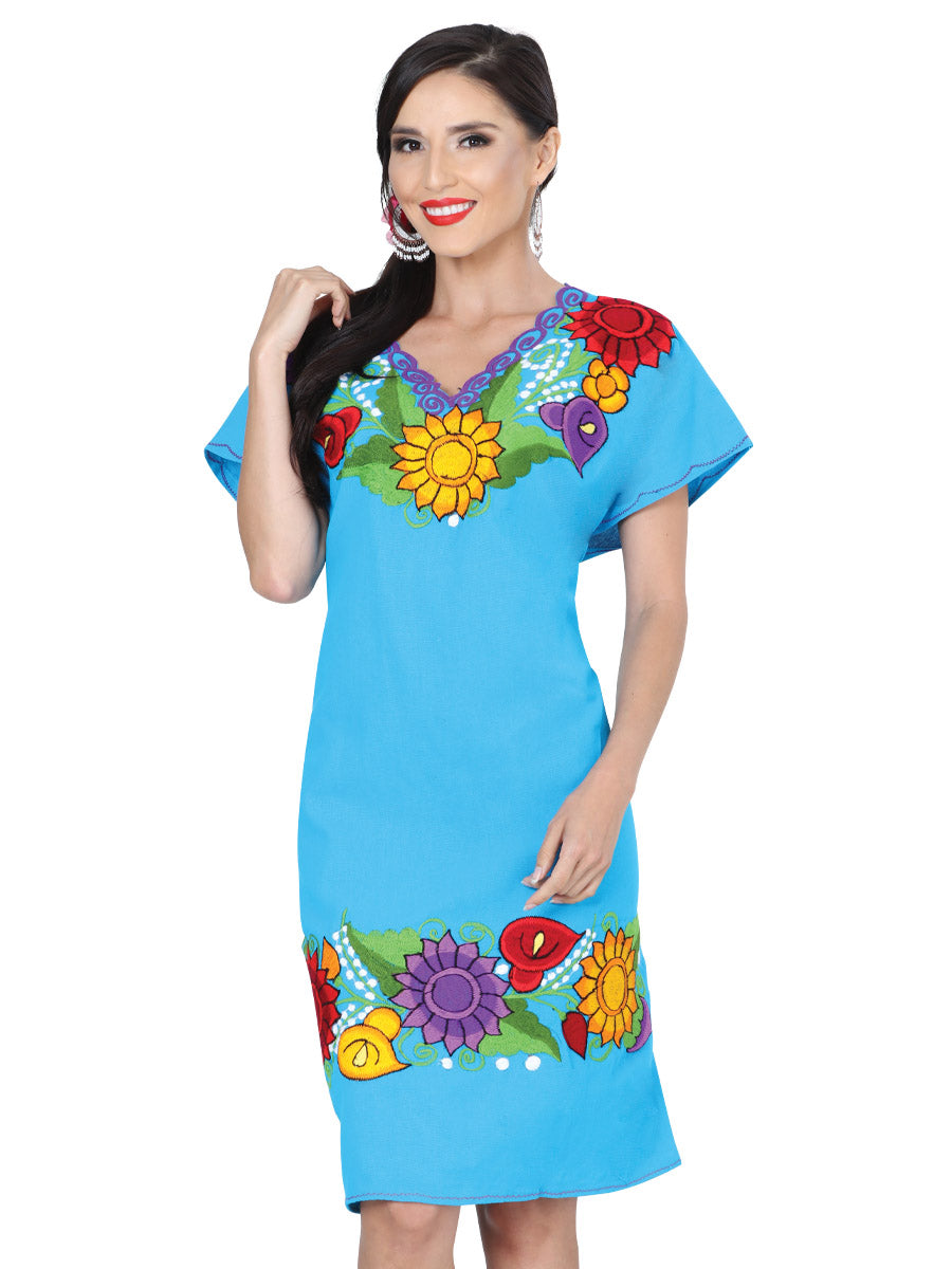 Vestido Artesanal Bordado de Flores para Mujer Handmade Dress Mexico Artesanal Blue