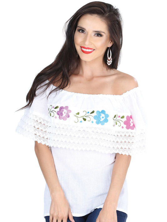 Blusa Artesanal de Olan Bordada de Flores para Mujer Handmade Blouse Mexico Artesanal White