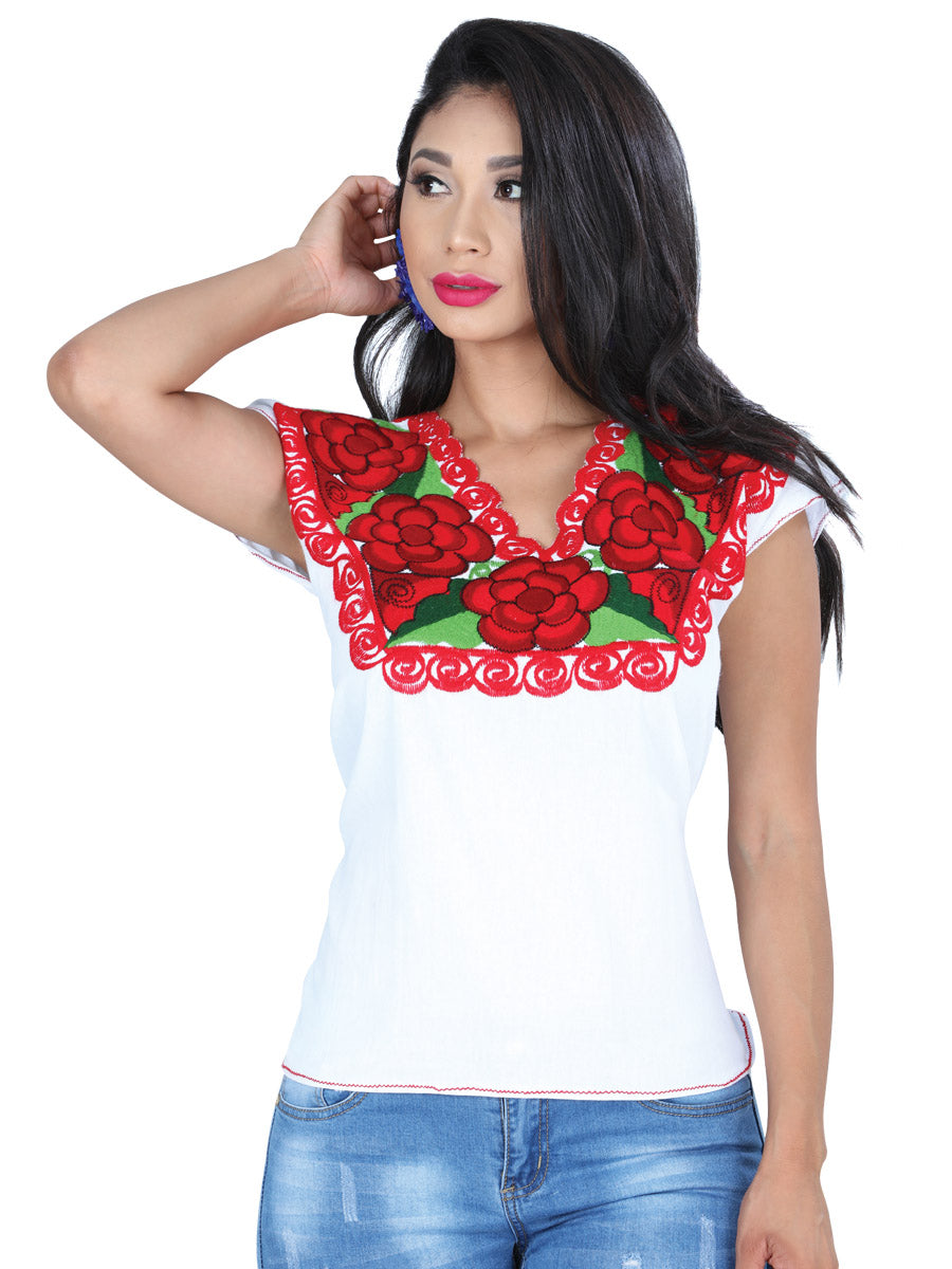 Blusa Artesanal Cuello V Bordada de Flores para Mujer Blusas Artesanales Mexico Artesanal White