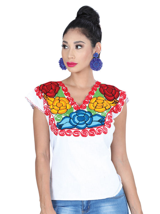 Blusa Artesanal Cuello V Bordada de Flores para Mujer Blusas Artesanales Mexico Artesanal White