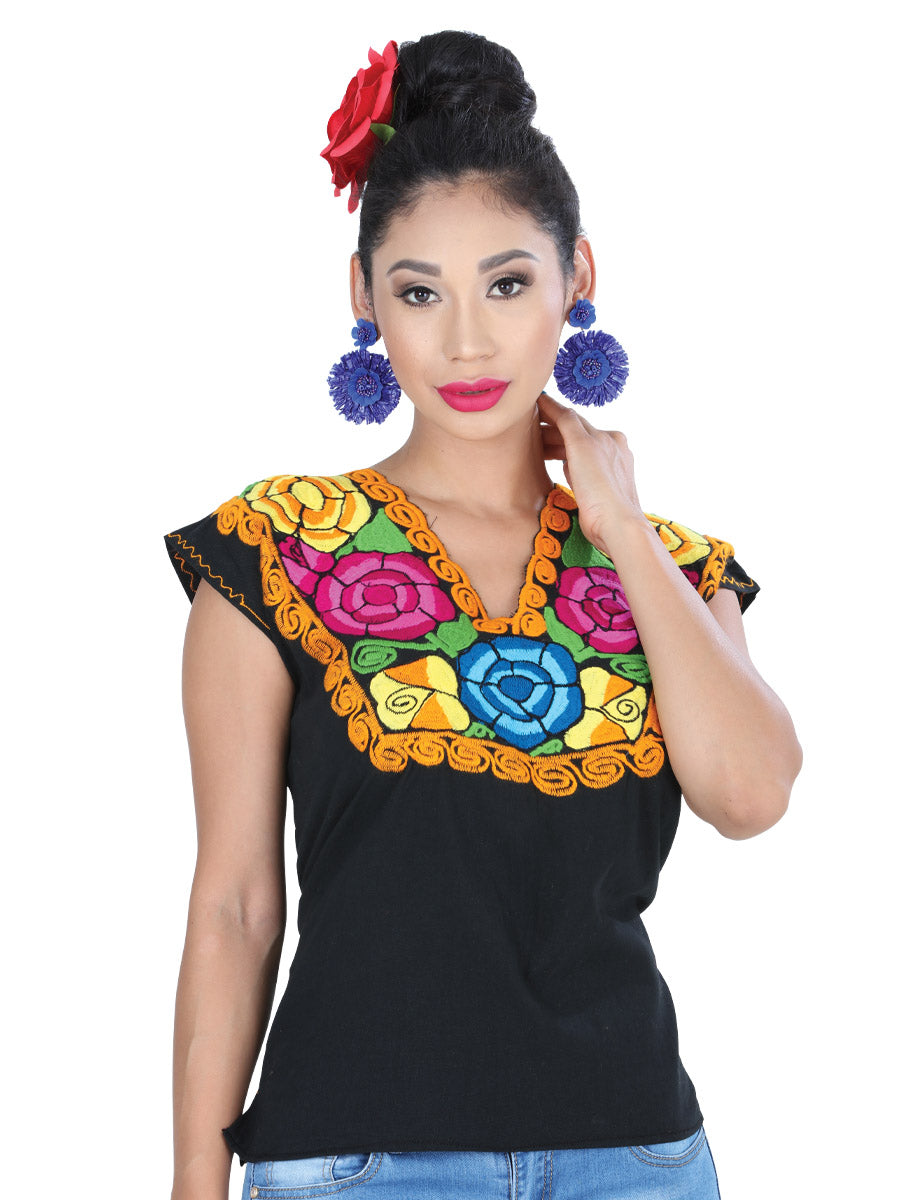 Blusa Artesanal Cuello V Bordada de Flores para Mujer Blusas Artesanales Mexico Artesanal Black