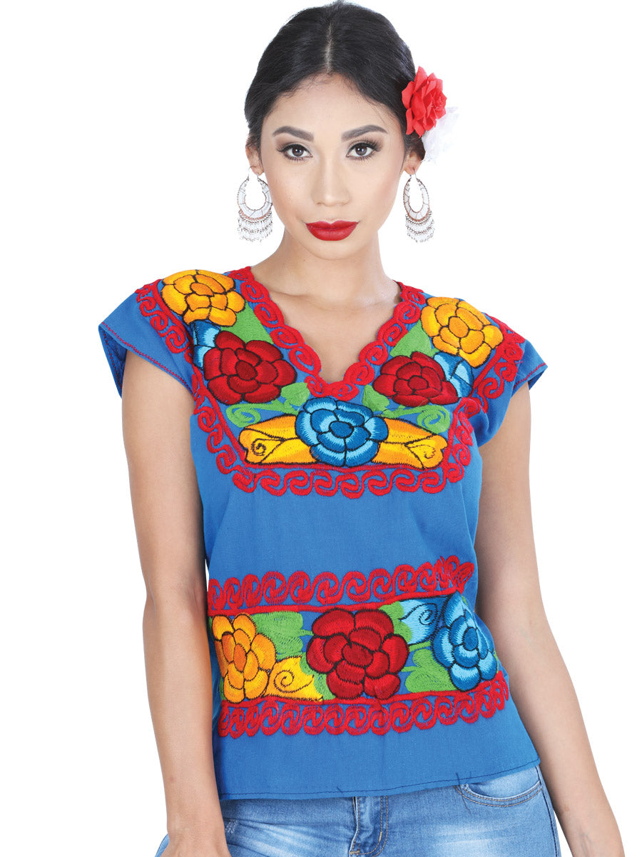 Blusa Artesanal Cuello V Bordada de Flores para Mujer Blusas Artesanales Mexico Artesanal Blue