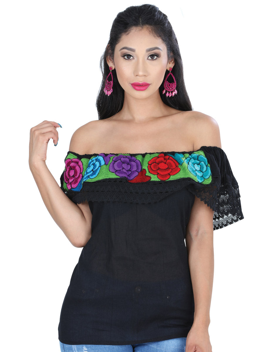 Blusa Artesanal de Olan Bordada de Flores para Mujer Blusas Artesanales Mexico Artesanal Black