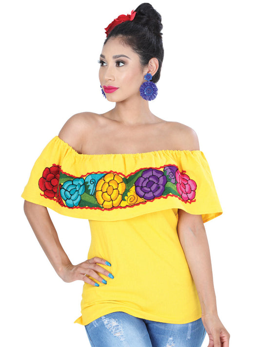 Blusa Artesanal de Olan Bordada de Flores para Mujer Handmade Blouse Mexico Artesanal Yellow