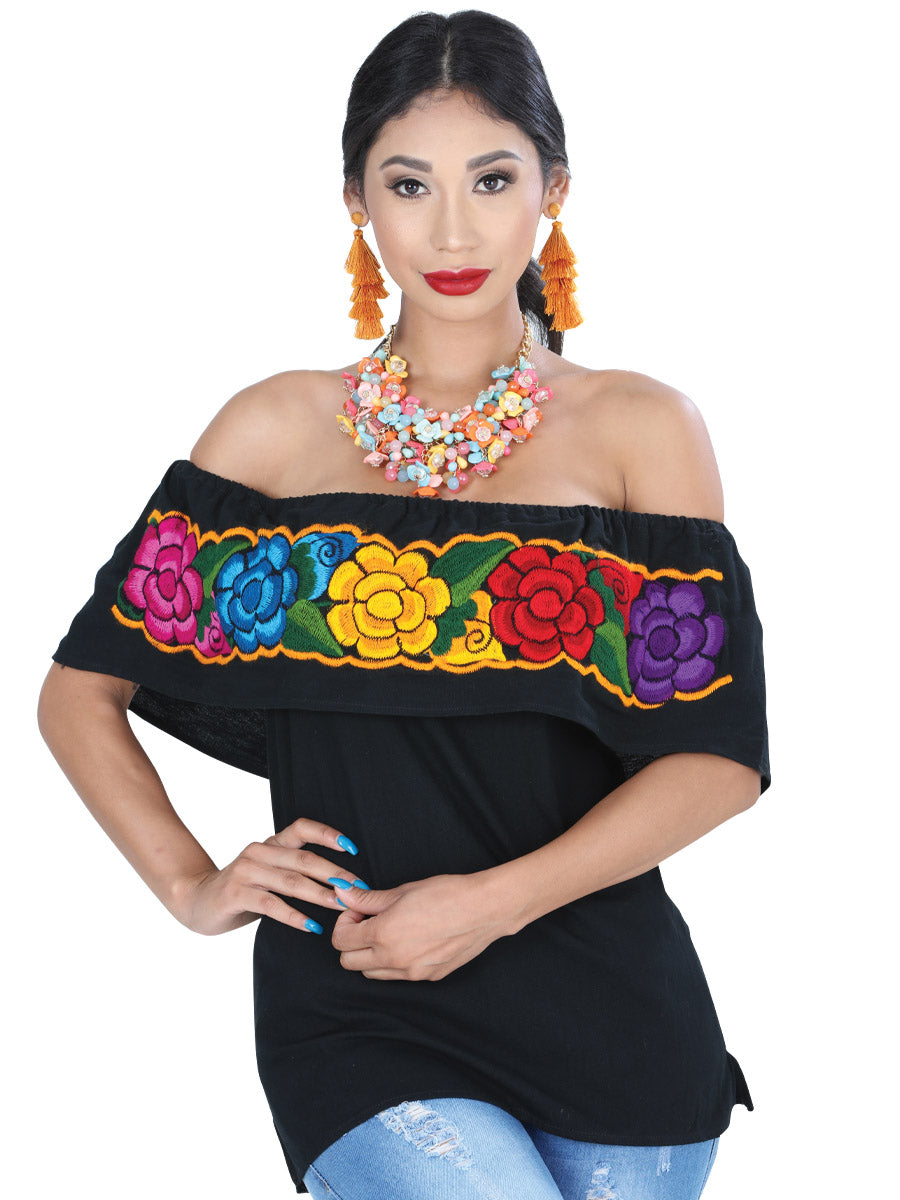 Blusa Artesanal de Olan Bordada de Flores para Mujer Blusas Artesanales Mexico Artesanal Black