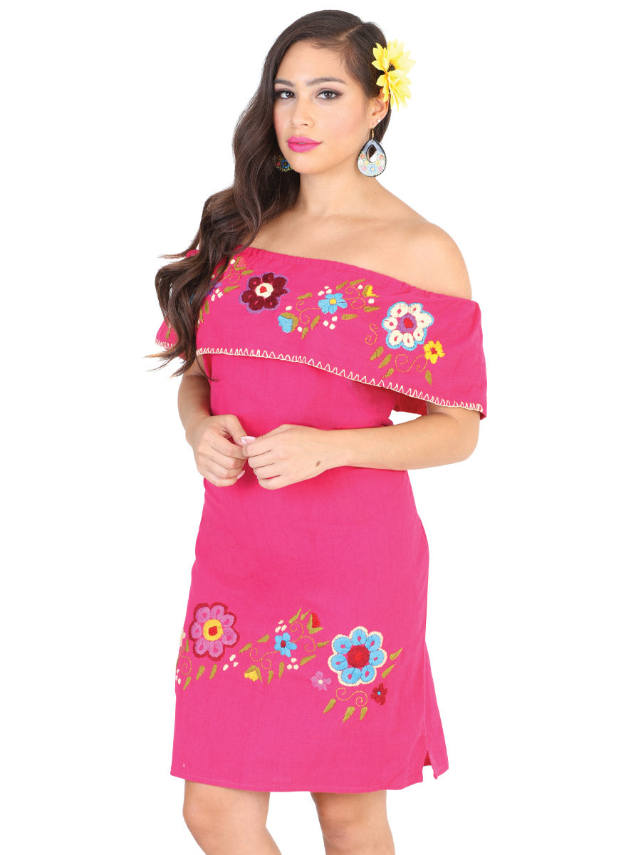 Vestido Artesanal de Olan Bordado de Flores para Mujer Handmade Dress Mexico Artesanal Fuchsia