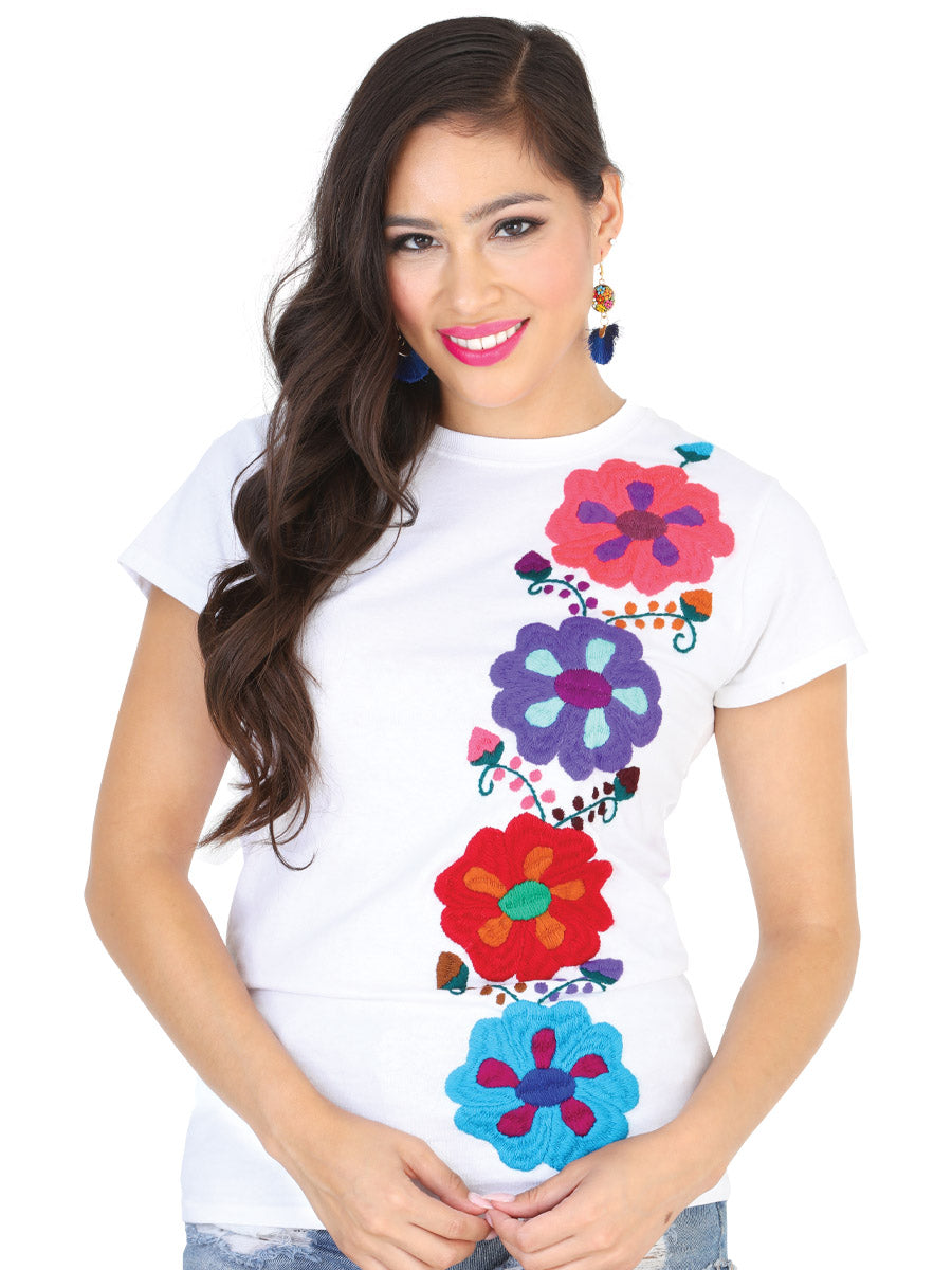 Playera Artesanal Cuello Redondo Bordada de Flores para Mujer Blusas Artesanales Mexico Artesanal White