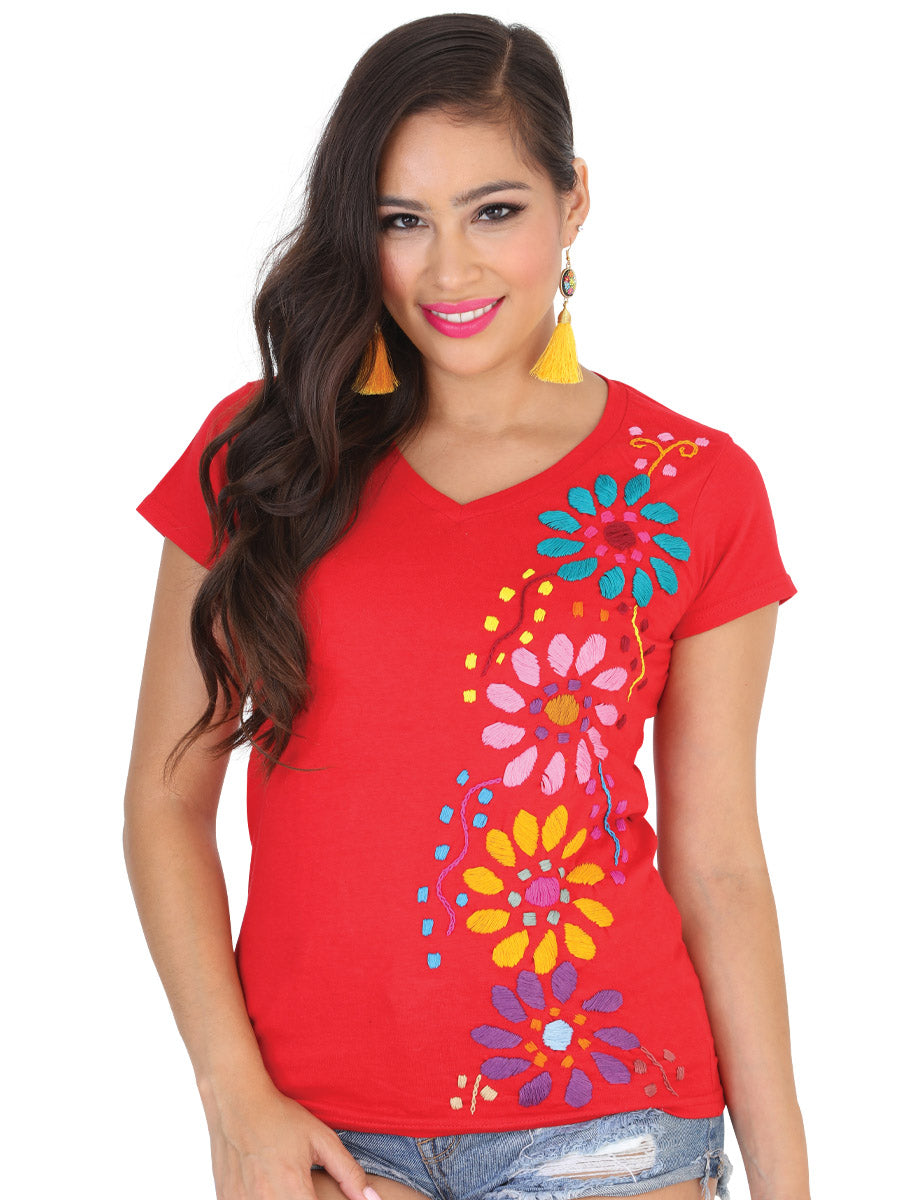 Playera Artesanal Cuello V Bordada de Flores para Mujer Blusas Artesanales Mexico Artesanal Red