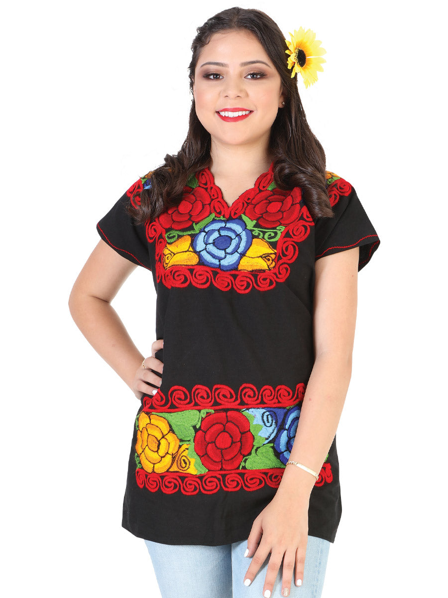 Blusa Artesanal Cuello V Bordada de Flores para Mujer Blusas Artesanales Mexico Artesanal Black