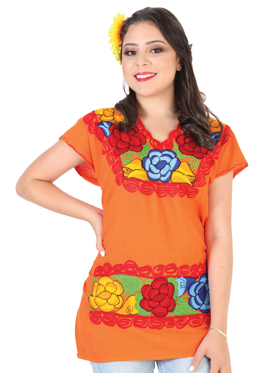 Blusa Artesanal Cuello V Bordada de Flores para Mujer Blusas Artesanales Mexico Artesanal Orange