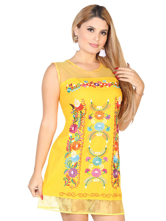 Minivestido Artesanal Bordado de Flores para Mujer Handmade Minidress Mexico Artesanal Yellow
